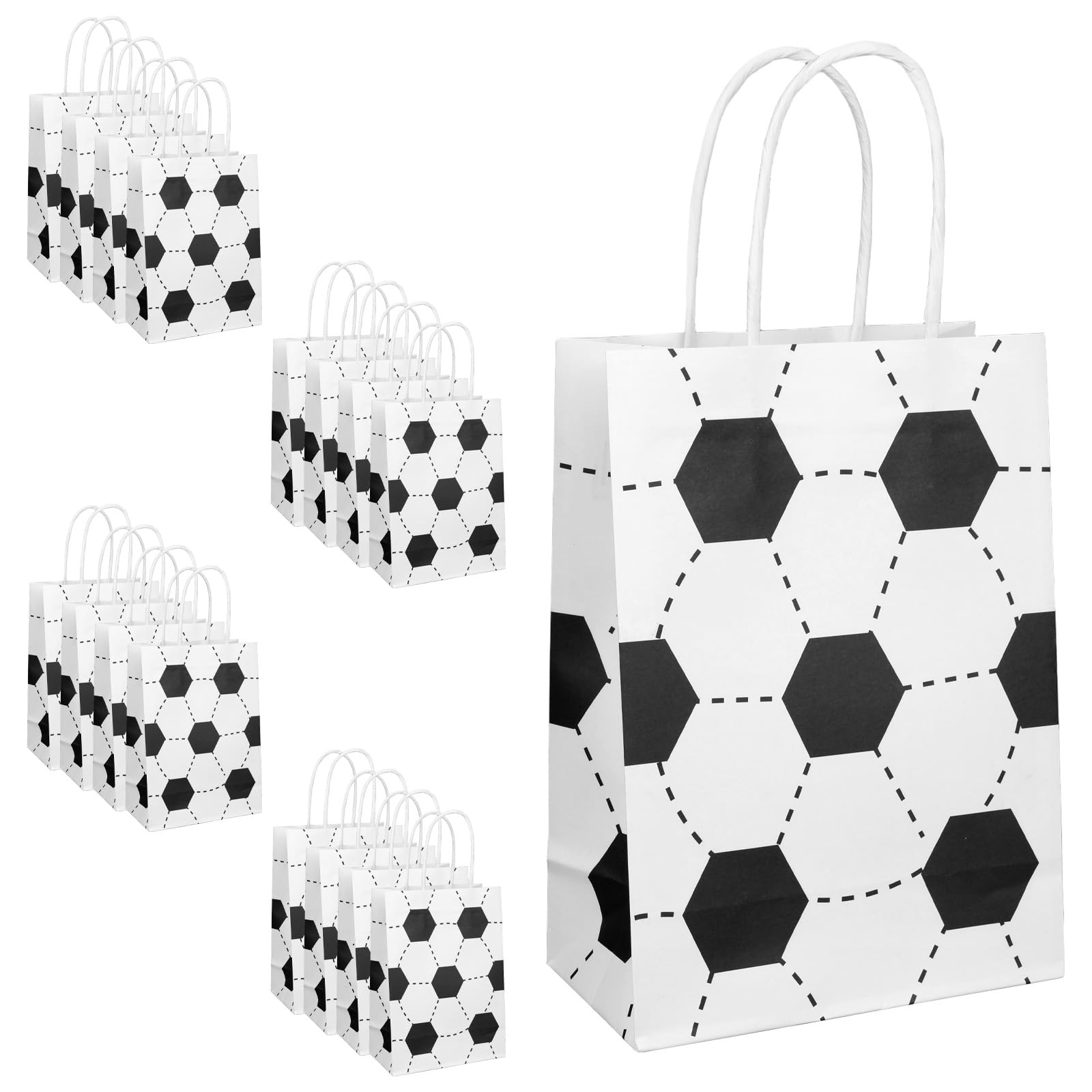 Tinoaly 16pcs Soccer Party Favor Paper Bags, Kraft Paper Soccer Goodie Bags Football Sport Themed Snack Goody Decor with Handle Birthday Decorations Party Supplies for Kid Adults