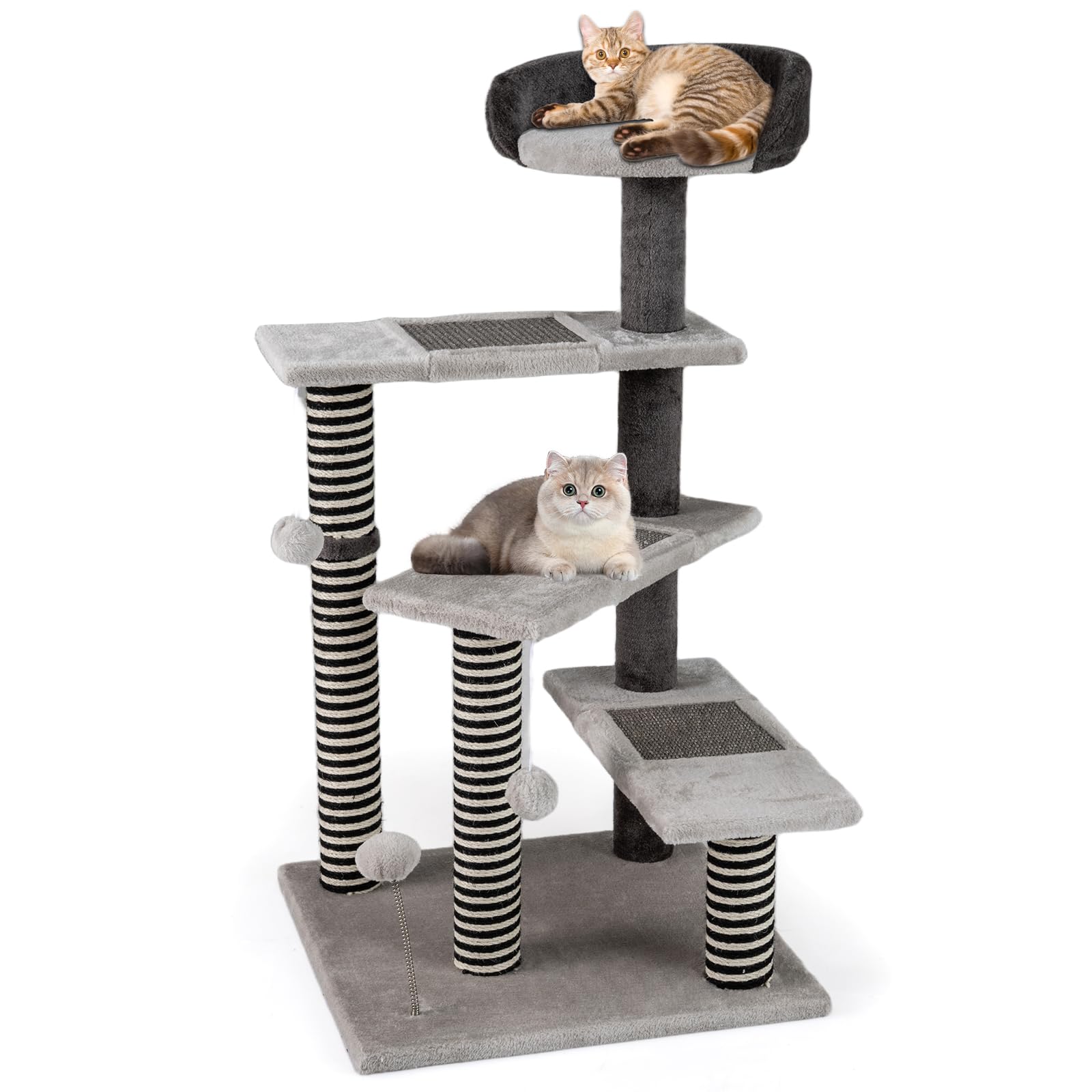 COSTWAY Cat Tree, 93cm Tall Modern Cats Tower with Padded Top Perch, 3 Platforms, Hanging Balls, Spring Ball, Scratching Posts & Mats, 5-Level Indoor Kitten Climbing Stand Activity Furniture