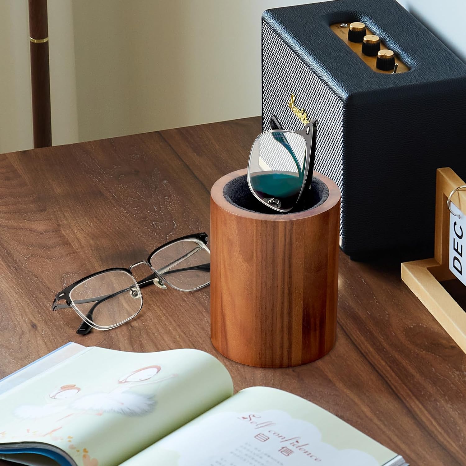 Linkidea Glasses Desk Holder Stand for Reading Eyeglasses, Wood Glasses Holder with Plush Lined for Nightstand, Glasses Storage Compatible with GUCCI GG1500OK GG1606OK GG1446OA, XX-Large, Brown
