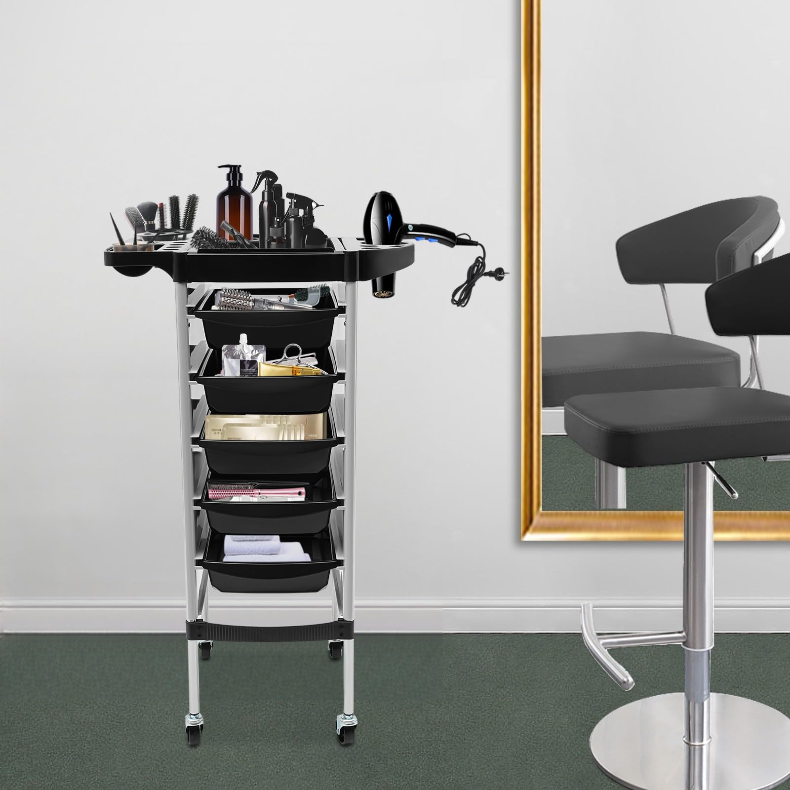 Carrito de peluquería con ruedas con 5 cajones y ruedas, carrito de trabajo peluquero para estilista peluquería peluquería peluquería spa blanco