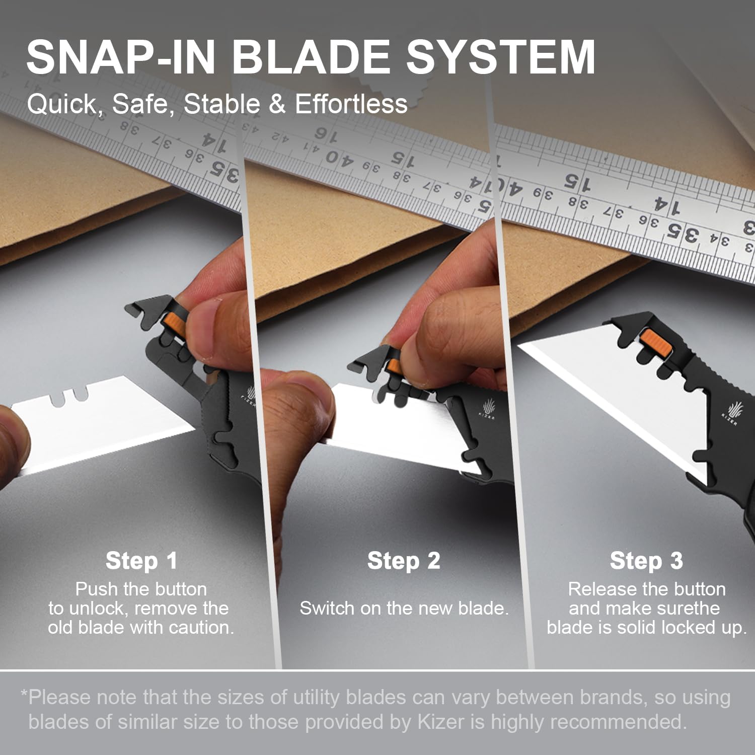 Kizer C01C Uti 2 (Tool-Free Version) Utility Knife, Button Liner Lock Box Cutter Pocket Knife with 5PCS Razor Blades, Thumb Stud Folding Knives with Black G10 Handle for Men Women V3488.29JNA3