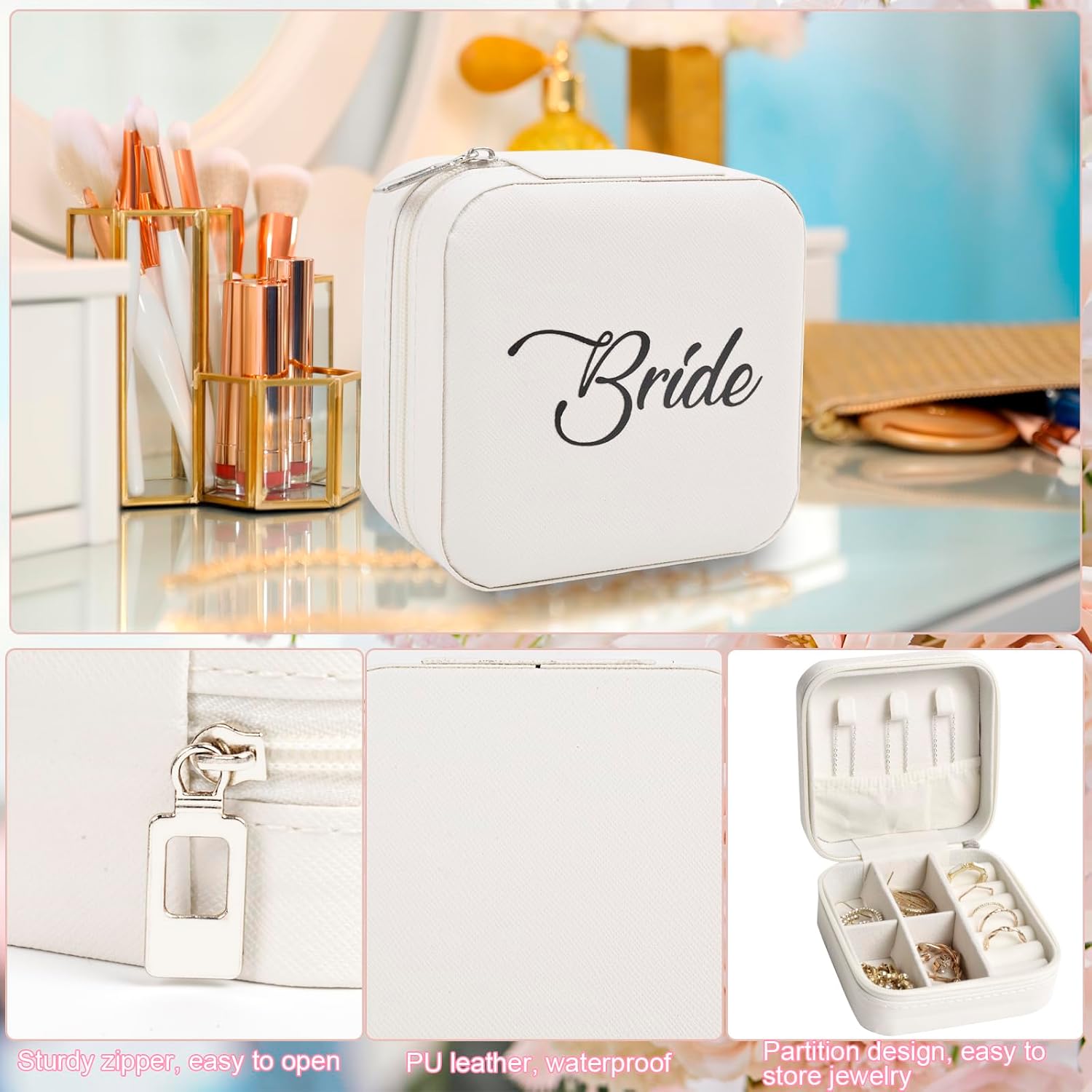 Bridal Shower Gifts for Bride - 5 Pcs Bride to Be Gift Set, I DO Slippers, Makeup Bag, Heart Sunglasses, Jewelry Box, Hair Clip, Cool Bachelorette Engagement Wedding Day Party Accessories for Her