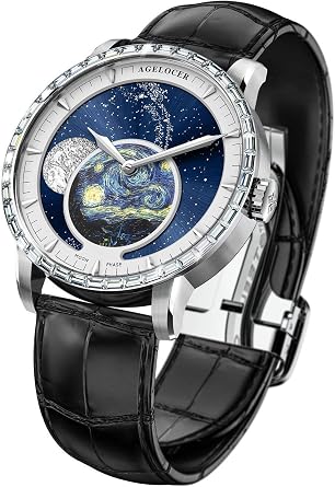 Agelocer Men's Genuine Diamond Top Brand Blue Automatic Moon Phase Mechanical Watch, RI:6401E1, Mechanical