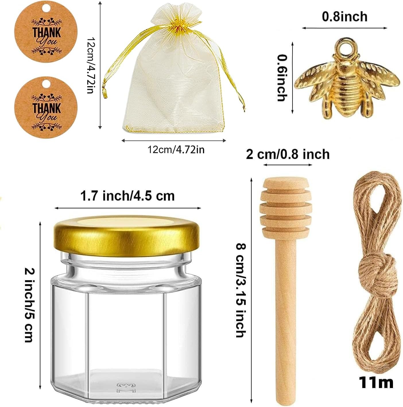 Lot de 40 pots de miel en verre, 45 ml - Mini pots en verre pour miel et confiture, avec petite cuillère, pendentif abeille, ficelles de jute, cartes de remerciement - Parfait pour les