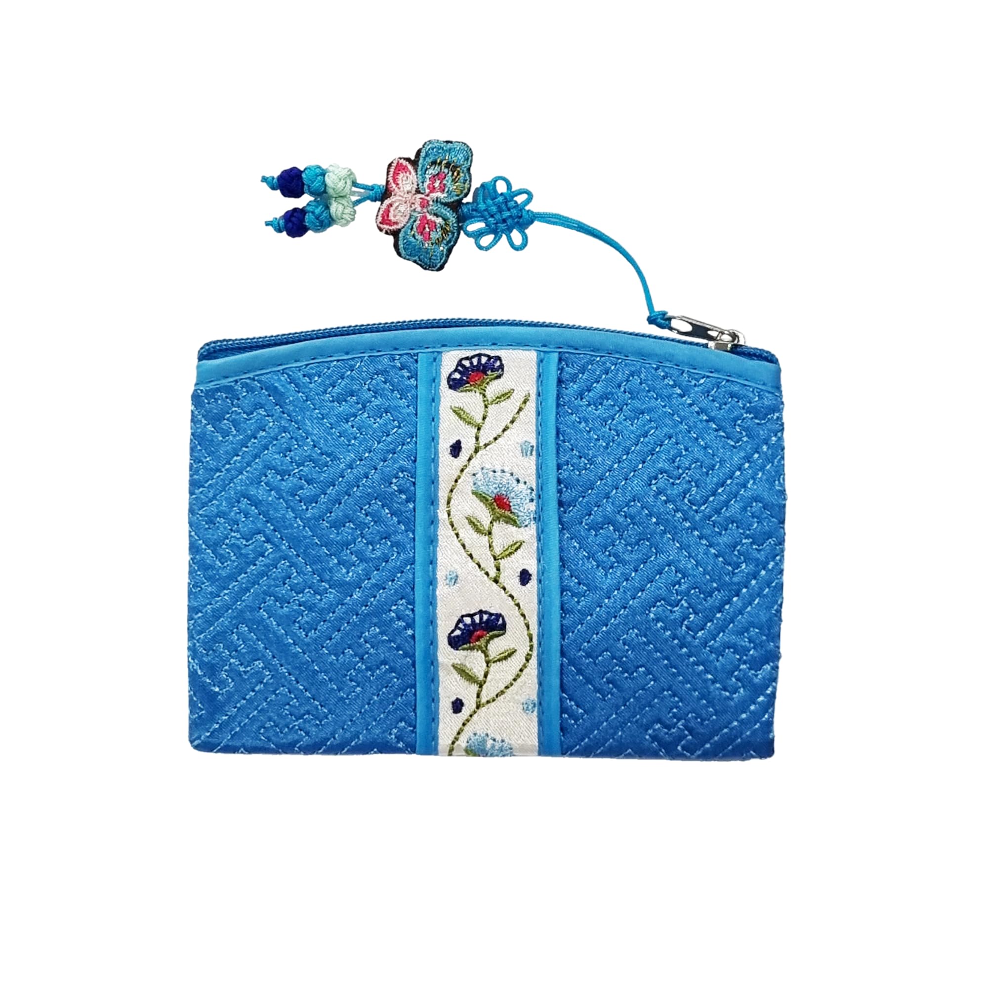 Seoulful Vintage Korean Embroidered Card Pouch - Wildflower Design Coin Purse with Butterfly Charm - Traditional Korean New Year's Gifts (Light Blue)