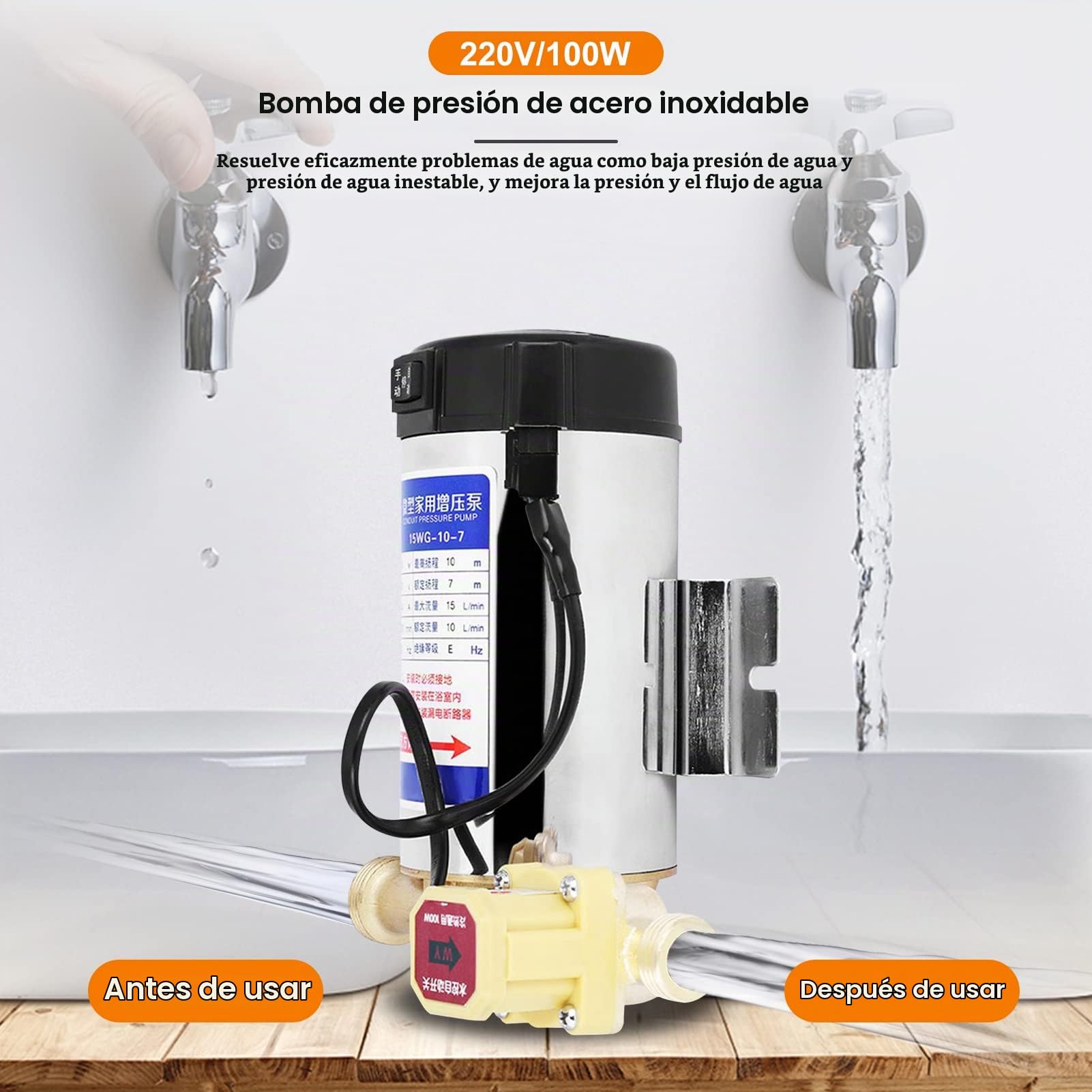 bomba refuerzo presión agua para el hogar, 100W, con interruptor flujo agua automático, 238GPH, 14,5 PSI, para ducha, grifo, calentador agua eléctrico, para sistema riego o lavado coche