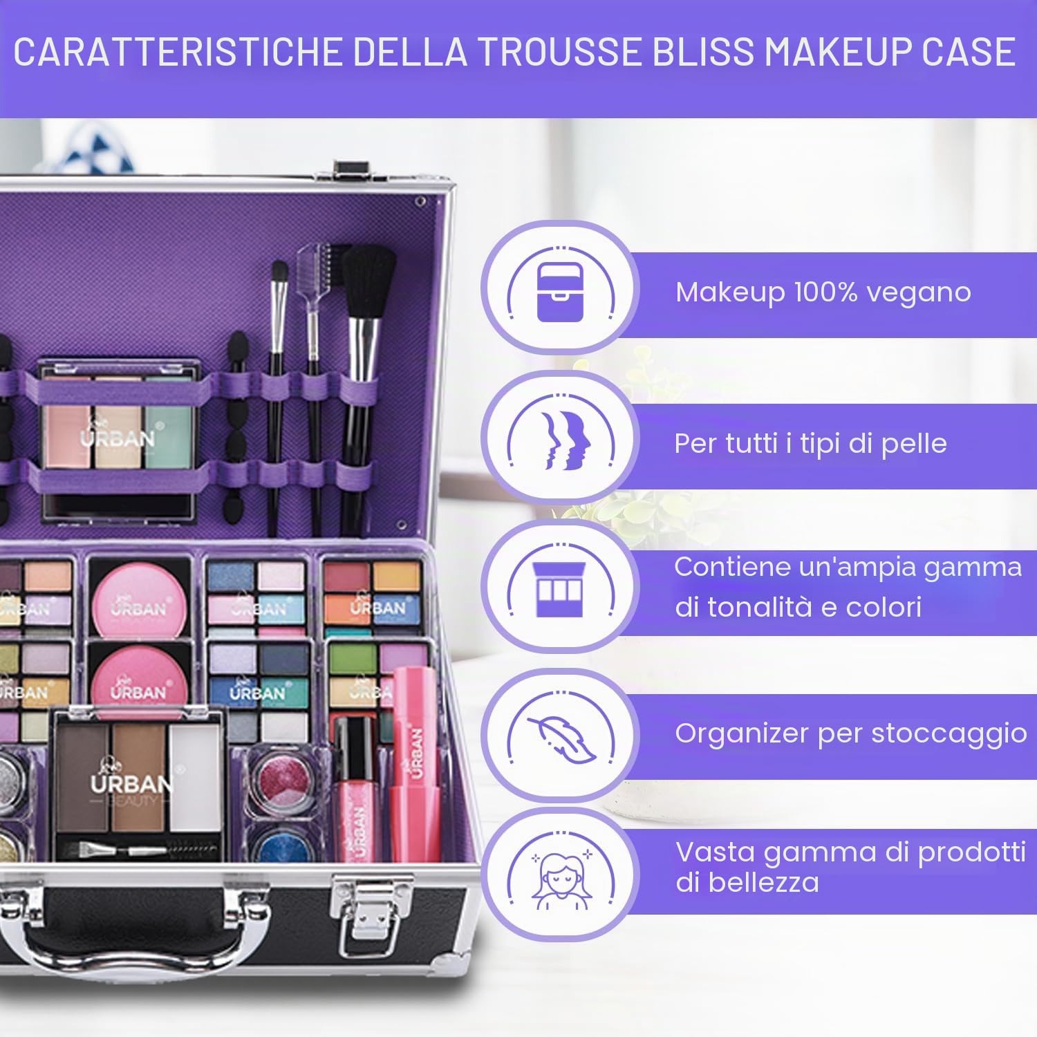 Bliss Beauty Case con Prodotti per il Trucco Vegani - Organizzatore in Alluminio