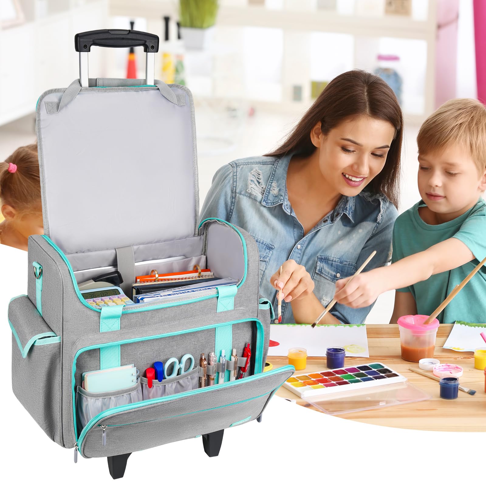 Lehrer-Trolley mit Rädern und abnehmbarem Griff, 43,2 cm (17 Zoll) Laptophülle, Rolltasche für Lehrer, Büro, Handwerk, Krankenschwester, Grau und Grün, Klassisch