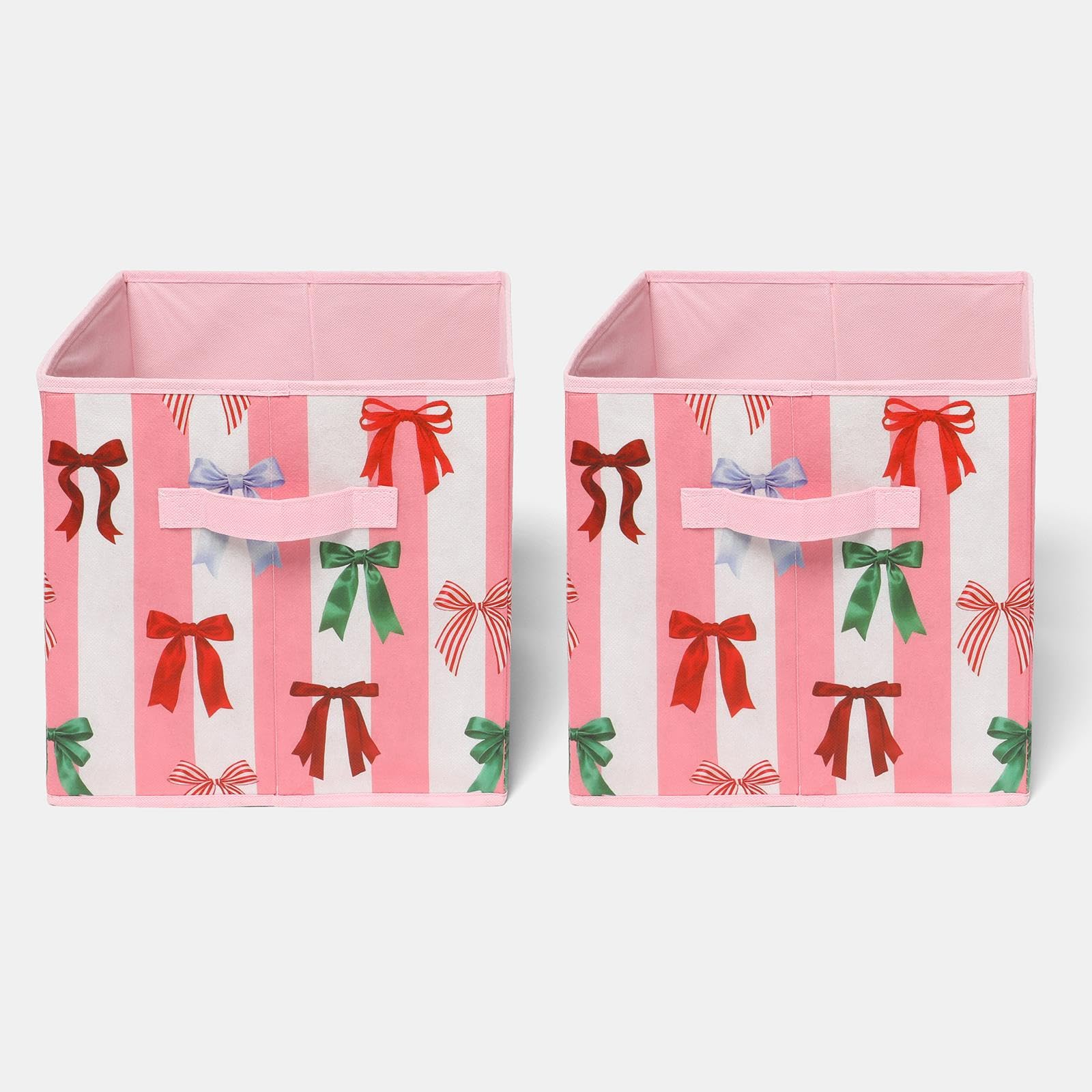 OHS 2 Pack Bow Stripe Cube Storage Boxes Collapsible Cube Boxes, Pink/White