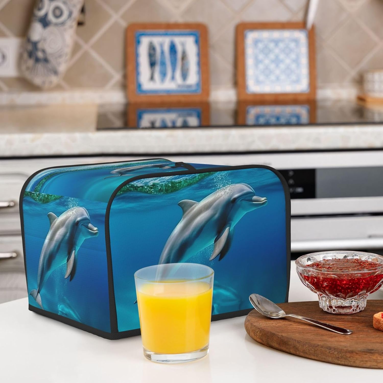 Swimming Dolphin in Blue Sea Toaster Cover 4 slice Kitchen Small Appliance Covers with Pockets Toaster Dust Cover with Top Handle Oven Cover Washable Universal Bread Maker Cover for Kitchen