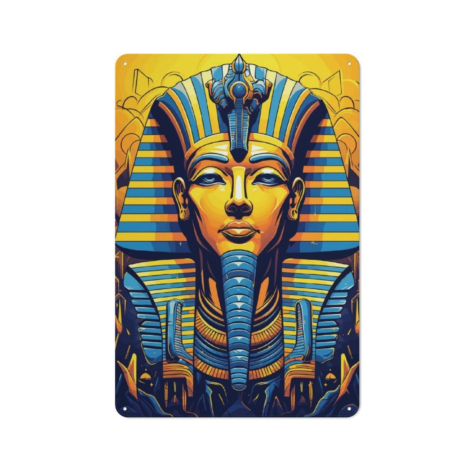 Junmoney Style-22 Understated Decorative Metal Sign 30X20cm Featuring Golden Egyptian Pharaoh Mask, Study Room Decor For Workspace, Cafe, Shop Or Desk Area