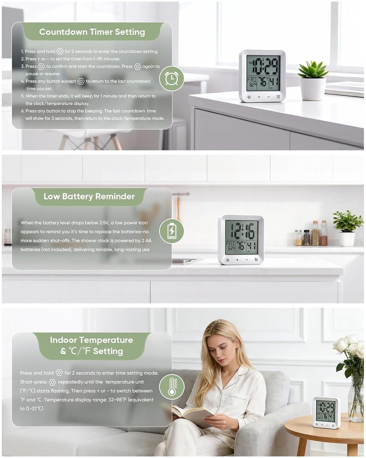 Shower Clock, Digital Temperature Display Waterproof Wall Mount Countdown