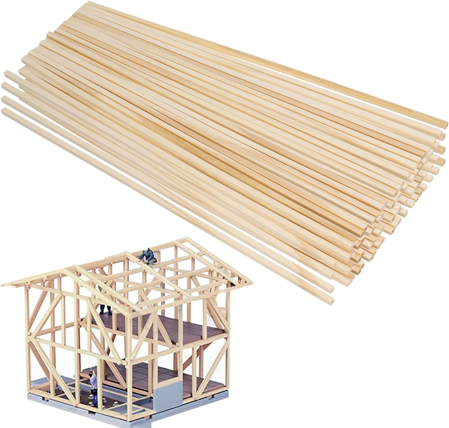 100 Pieces Wooden Sticks Balsa Wood Sticks Natural Wooden Square Dowel Sticks for Carving Craft DIY Model Making Woodcraft Decorations (3 x 3 x 300 mm)