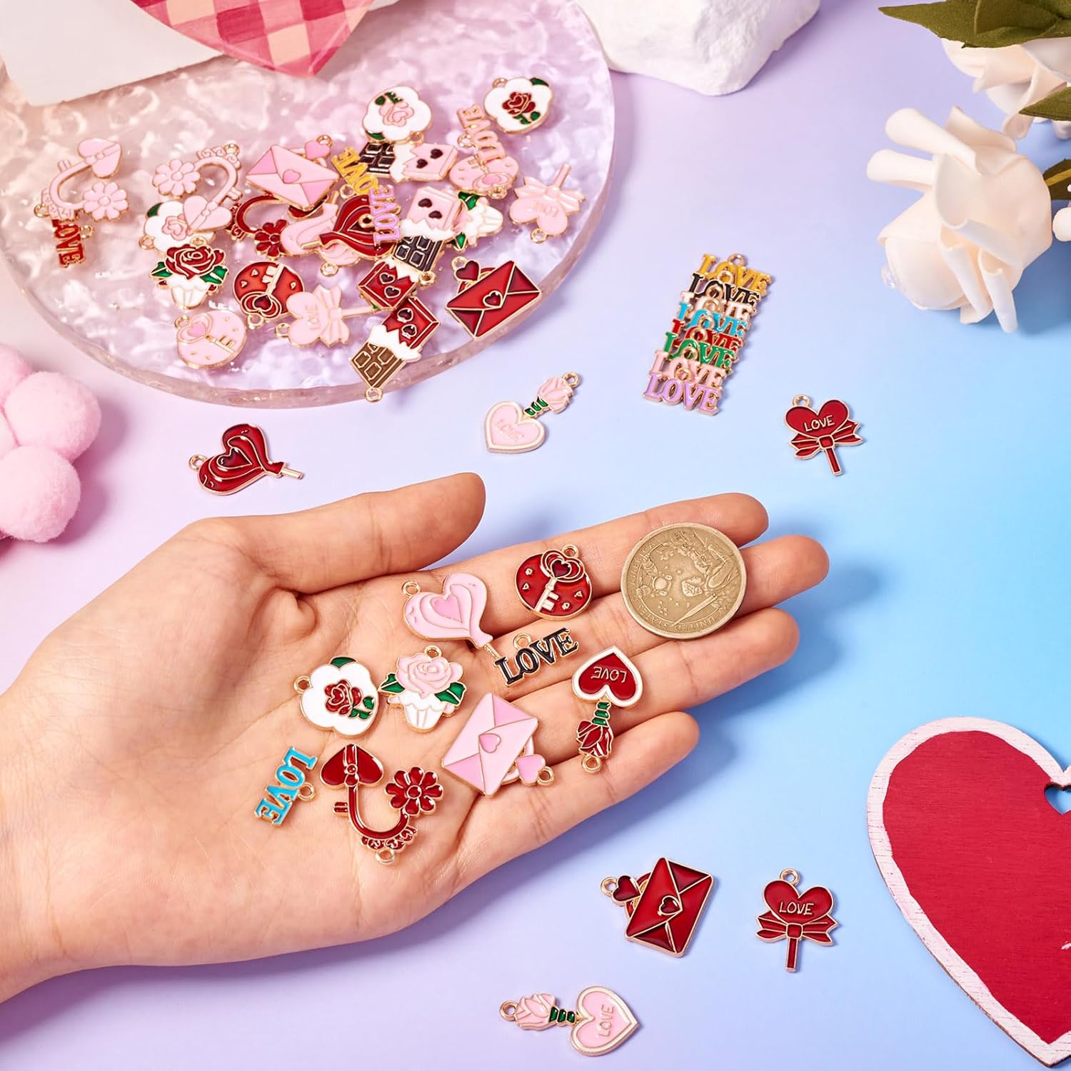 Beadthoven 52pcs Valentine's Day Charms Letter Love Heart Charms Pink Red Rose Flower Alloy Enamel Pendants Envelope Chocolate Charms for Women Jewelry Making Necklace Earrings Bracelets DIY Supplies - Image 6