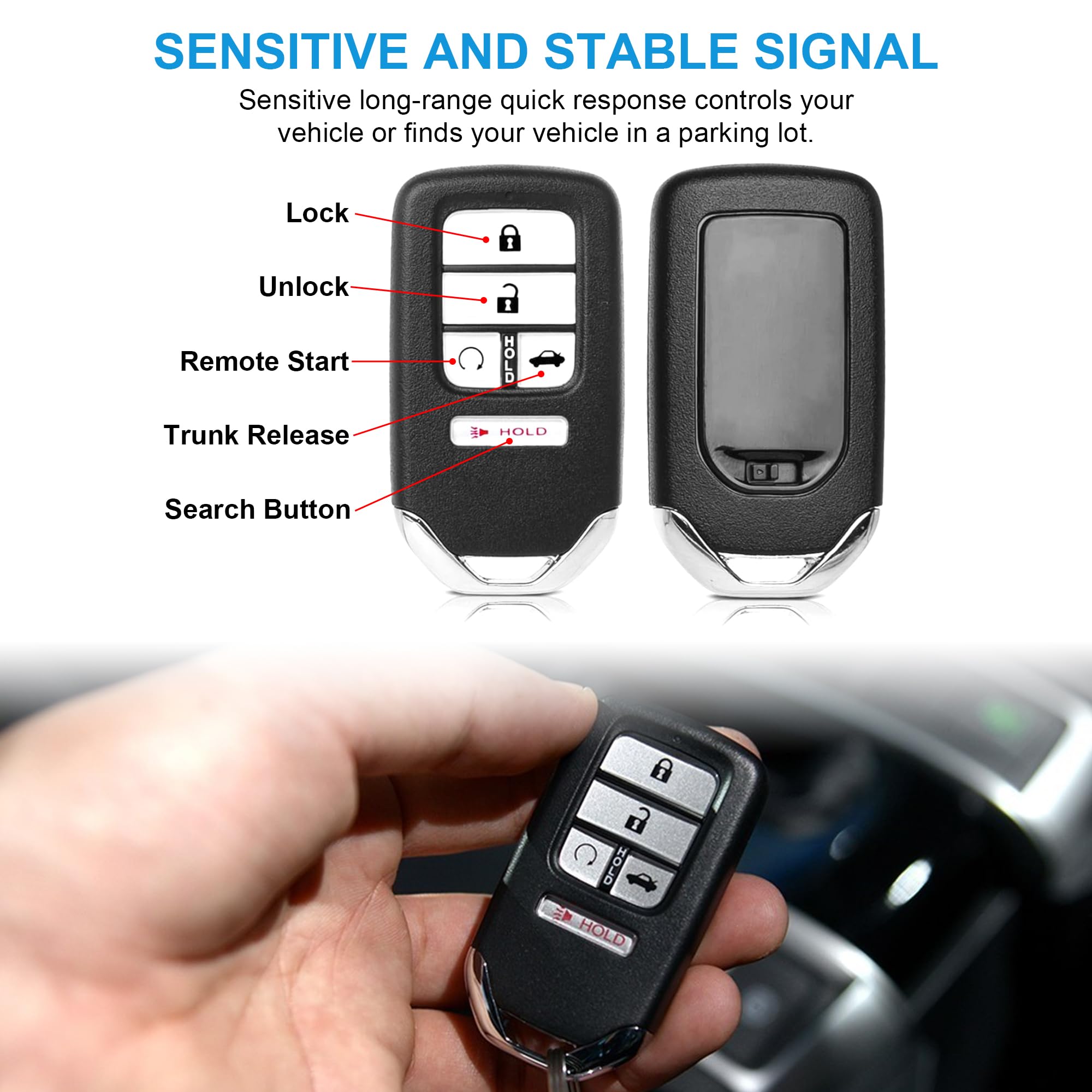 Key Fob Replacement Compatible With Honda Civic 2016 2017 2018 2019 2020 2021 Smart Proximity Keyless Entry Remote Control Uncut Key 5 Buttons 433Mhz FCC ID: KR5V2X 72147-TBA-A11