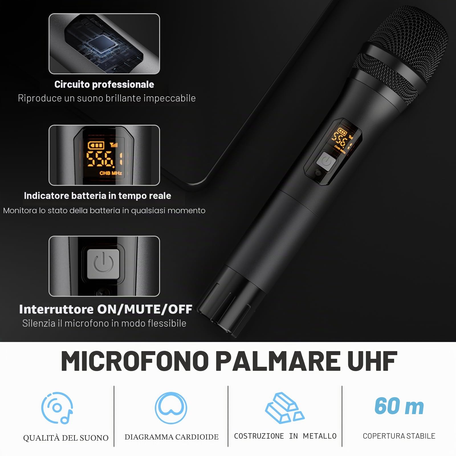Microfono Wireless Professionale UHF con Ricevitore e 2 Microfoni a Mano in Metallo Dinamici – Sistema Microfoni Wireless per Karaoke, Feste, Matrimoni, Chiesa, Casa, DJ e Riunioni, 60m