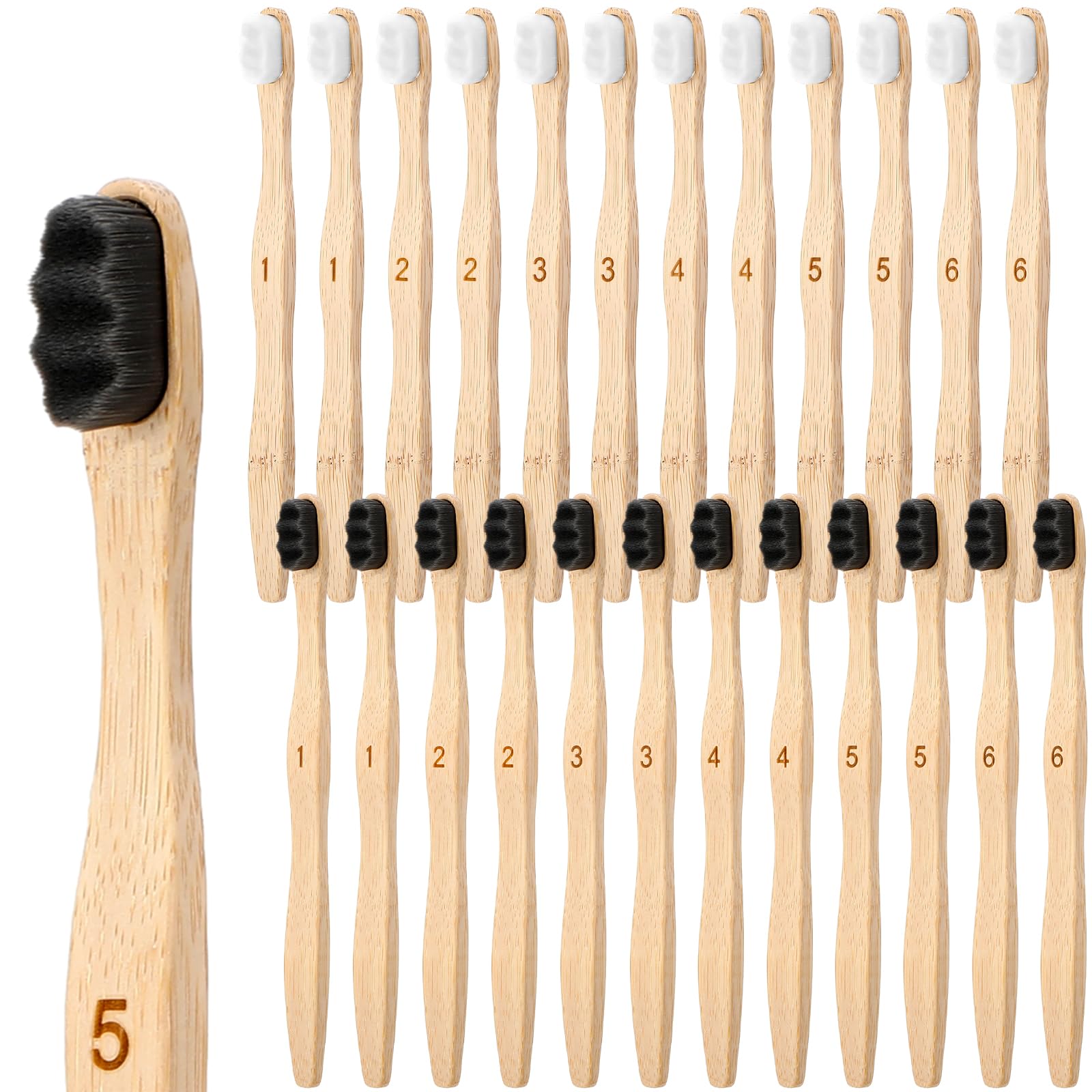 Sieral 24 spazzolini da denti con setole extra morbide in legno di bambù, 20000 setole naturali morbide, per bambini e adulti, per casa e viaggi, confezionati singolarmente (manico ondulato)