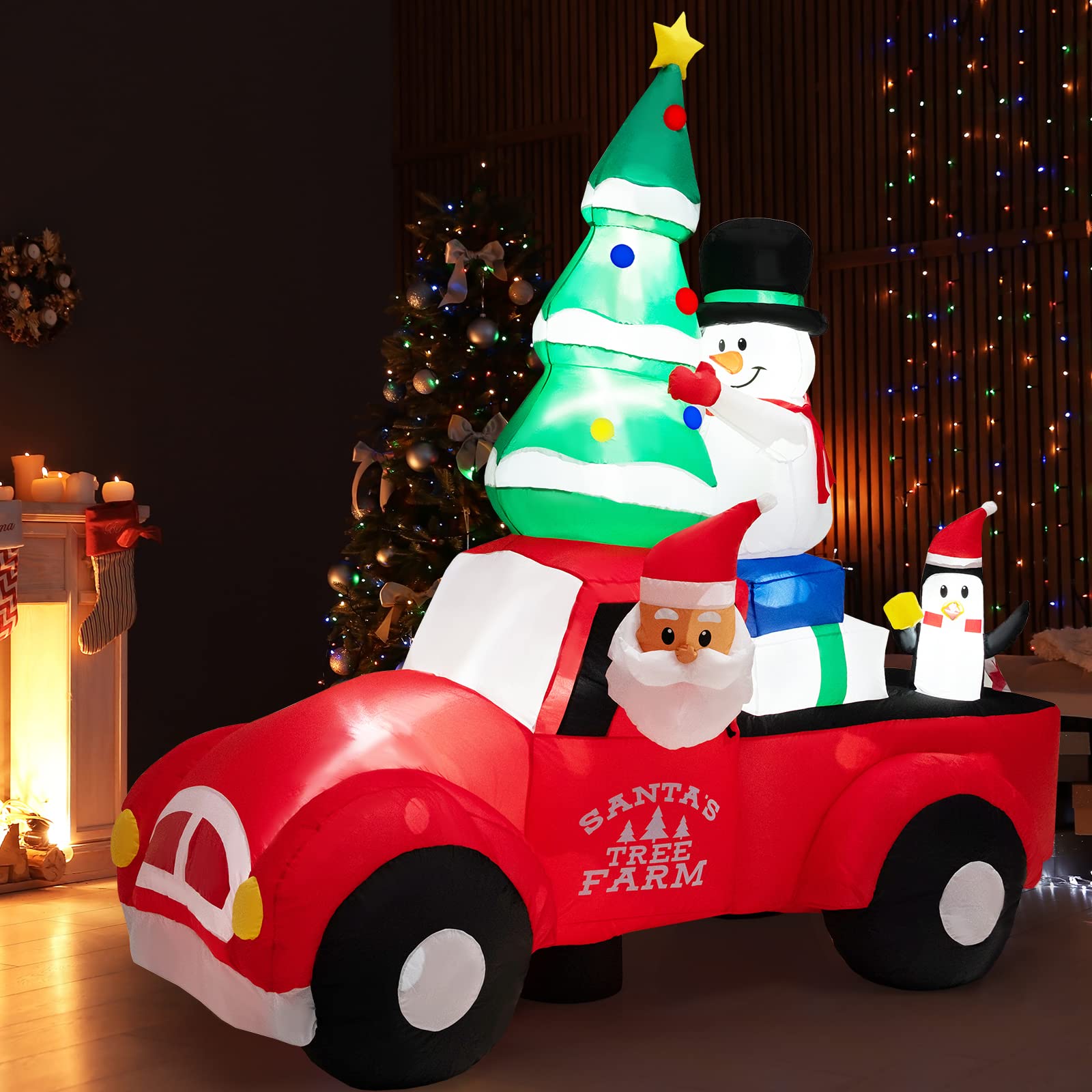 GYMAX 240 cm hohe Aufblasbare Weihnachtsdeko mit 7 LED-Leuchten, Selbstaufblasender Weihnachtsmann in einem Auto mit Weihnachtsbaum, Schneemann, Geschenken & Pinguinen