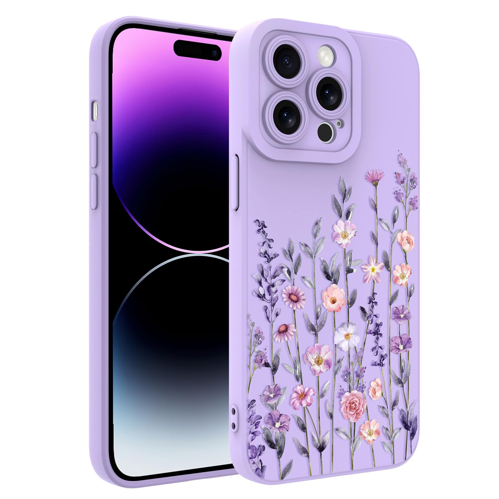 Designed for iPhone 14 Pro Max Case, Cute Flower Floral Pattern Design, Slim Soft TPU Liquid Silicone Protective Cover for Women Girls - Purple