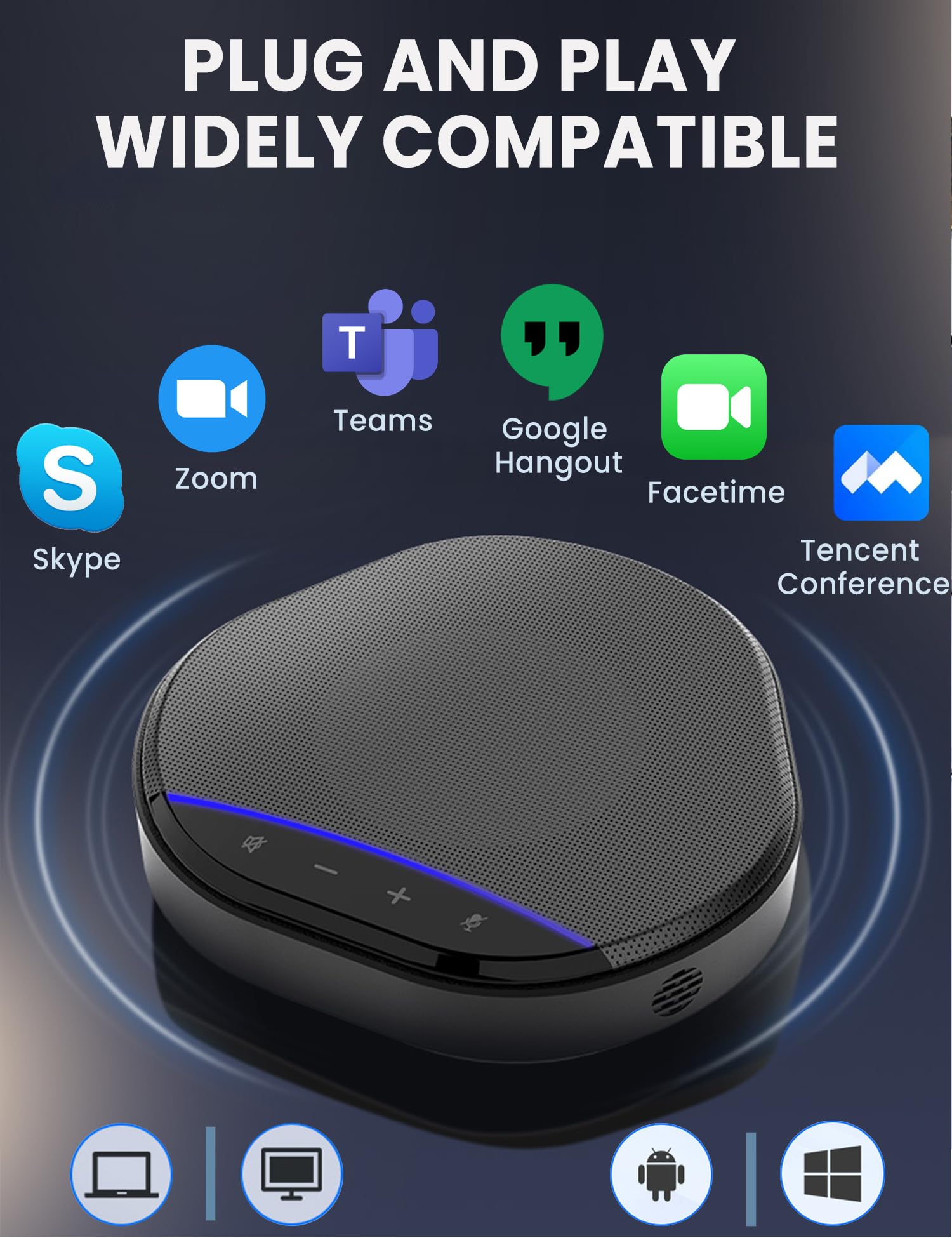 Altoparlante e microfono per conferenze, pickup vocale migliorato a 360° con 2 microfoni AI, riduzione eco e rumore, vivavoce Plug & Play USB-C per chiamate Zoom Skype Teams, per casa ufficio e sala