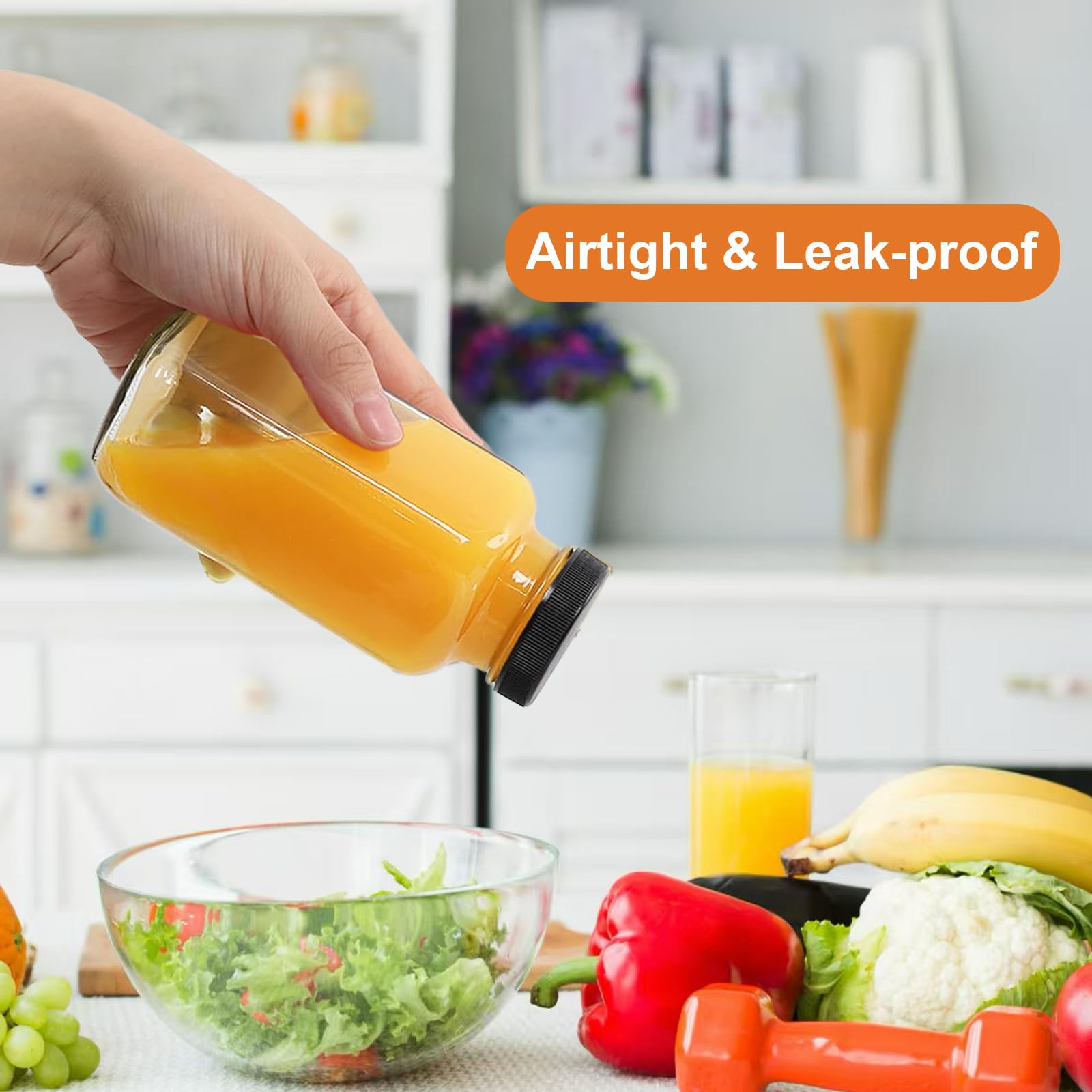 NEWMIAO Paquete de 12 botellas de jugo de vidrio de 8 onzas con tapas, botellas de vidrio reutilizables, recipientes de jugo de 250 ml con cepillo, botellas de agua para leche, jugos, kombucha,