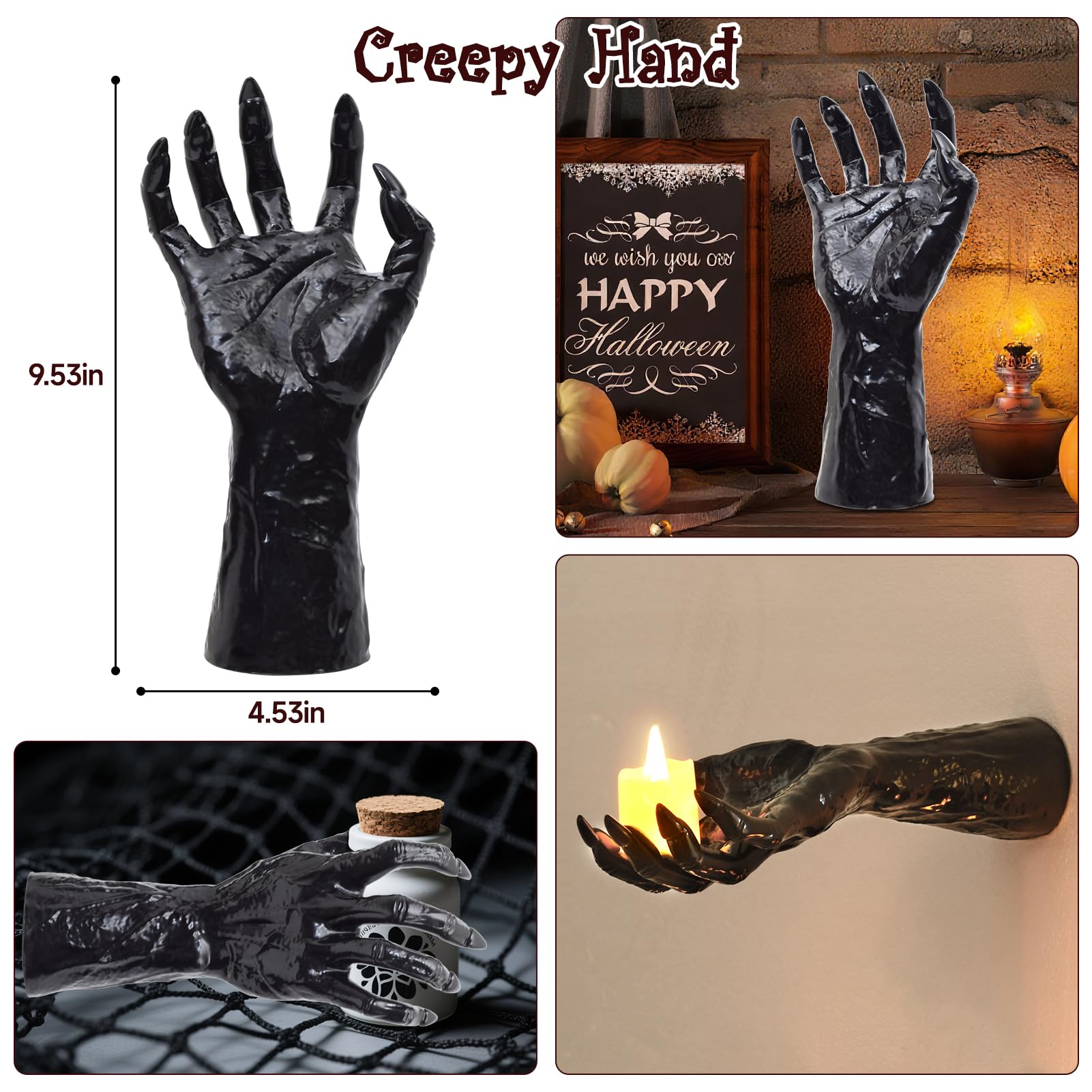 Dekoracje na Halloween Gotycki wystrój wnętrz: zestaw 3 naściennych przerażających sięgających dłoni z zapalonymi świecami do gotyckich dekoracji ściennych