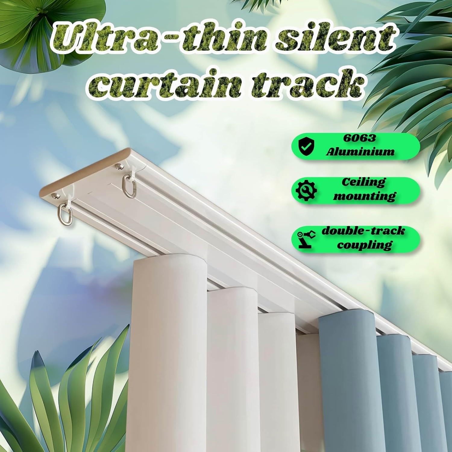 Ultra-Thin 6mm Aluminum Curtain Track with Rollers & Hooks - Quiet Sliding System for Living Room, Bedroom, Dining - 310cm/122.4in, White Drapery Rod (White 220cm(86.4in))