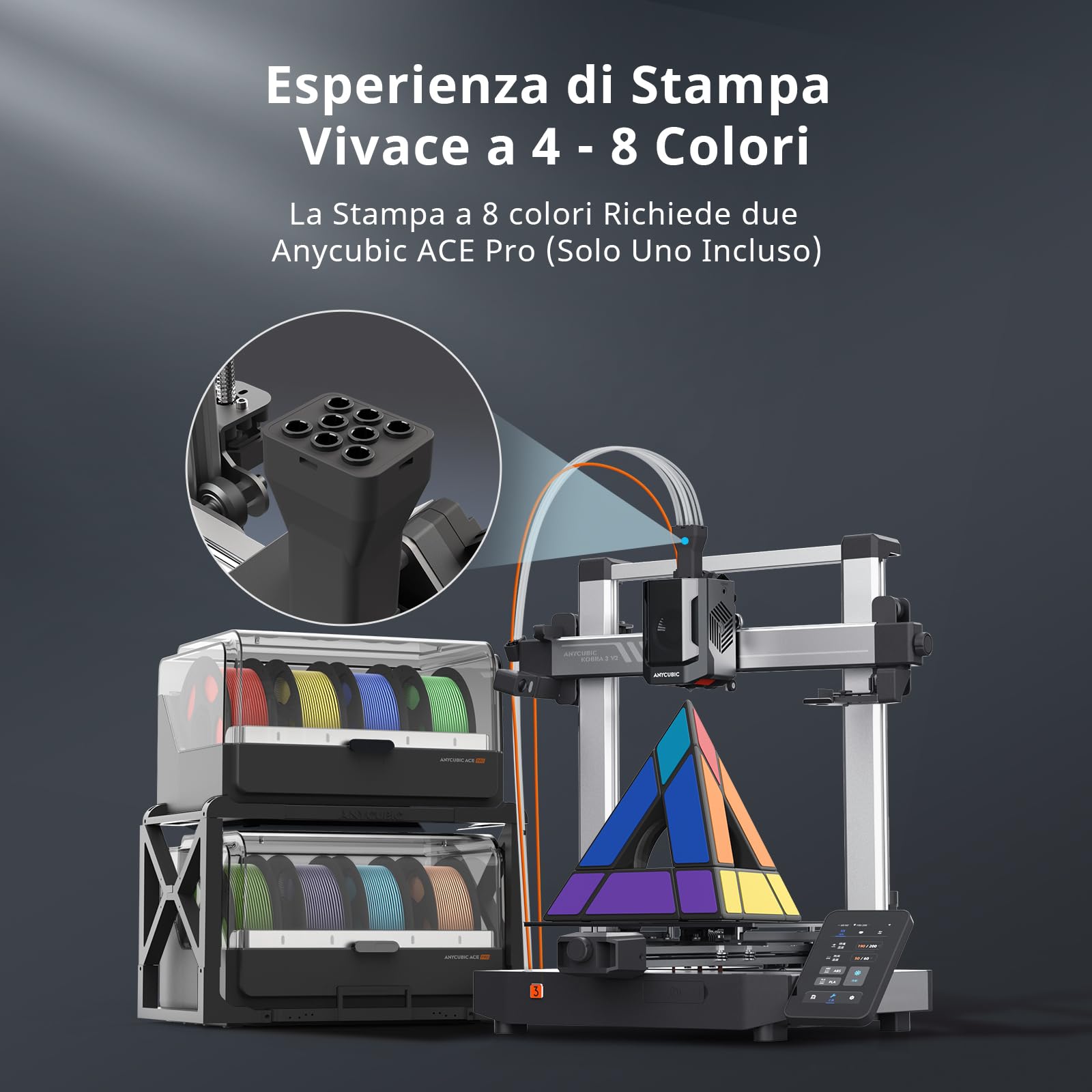 ANYCUBIC Stampante 3D Kobra 3 V2 Combo, Stampa Multicolore (4-8 Colori), Asciugatura e Stampa, 600 mm/s ad Alta Velocità, Livellamento Automatico LeviQ 3.0, Lavoro con i Principali Filamenti
