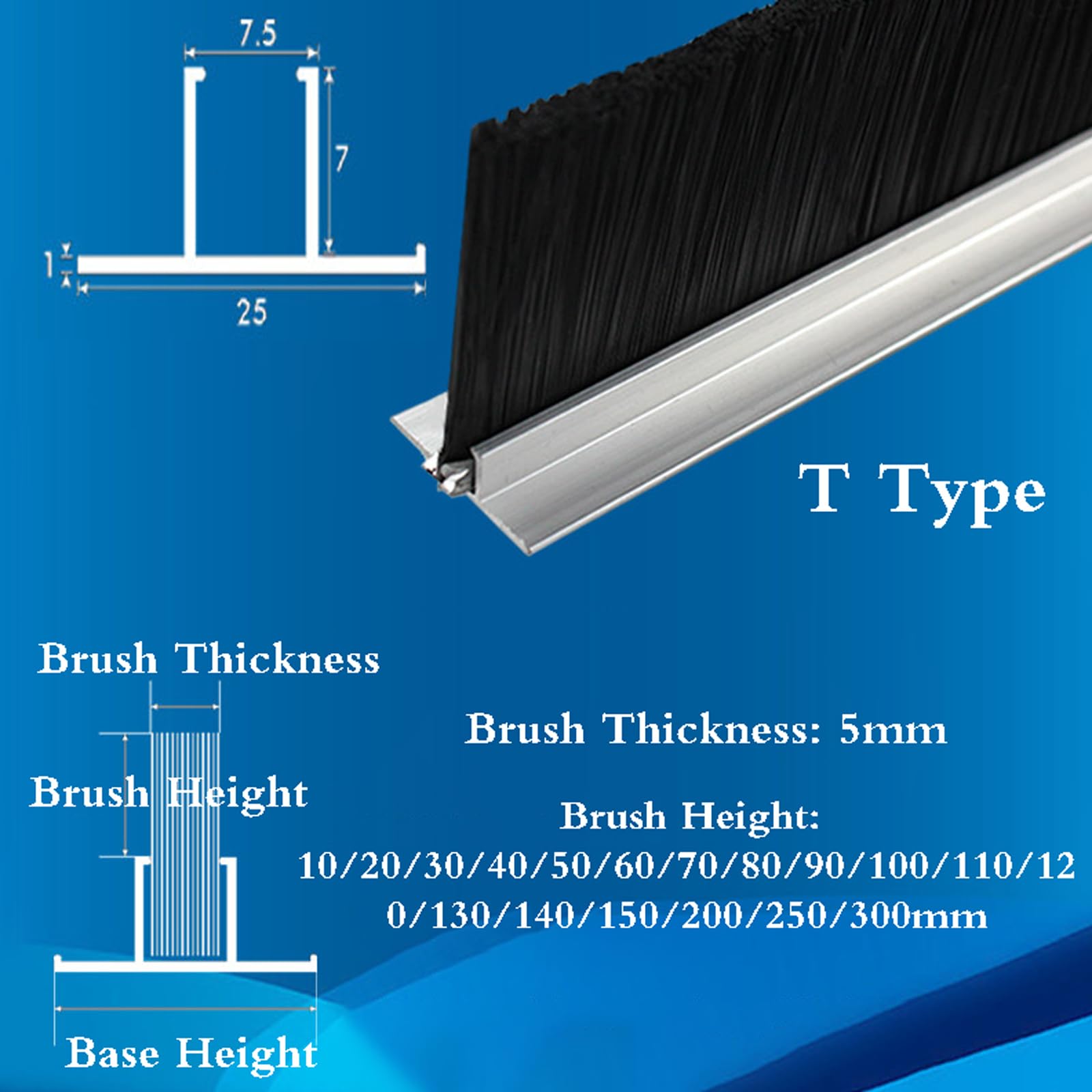 Szczotka ze stopu aluminium, dolna część drzwi maszyny srebrna HFT 10-300 mm