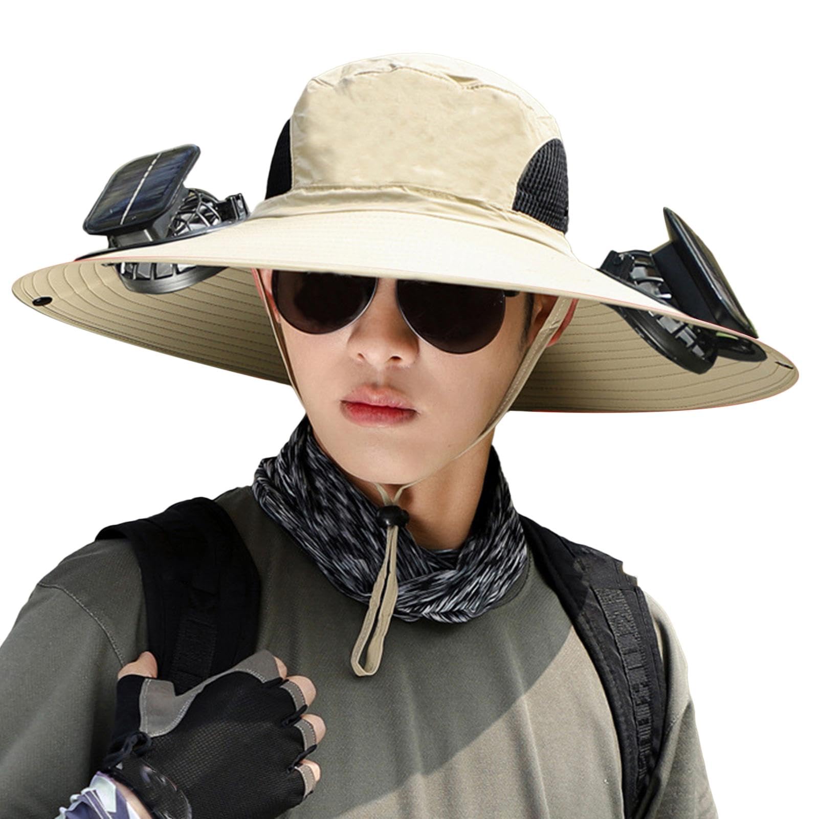 Cappello con ventilatore, cappello con visiera parasole con ventilatore, cappello da pesca a tesa larga con ventilatore solare integrato per pesca, spiaggia, giardino, agricoltore, cachi, XXL