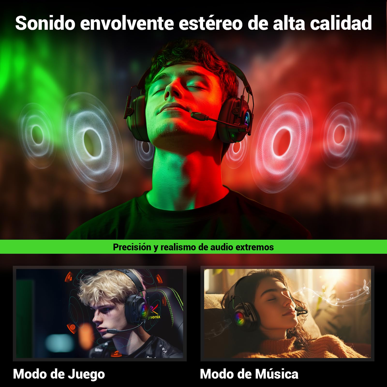 Krysenix KGH2 - Auriculares inalámbricos para videojuegos PS5, PS4, PC, Mac, Switch, 2,4 GHz, con micrófono, cancelación de ruido, auriculares inalámbricos con luces LED, duración de batería de 40 H