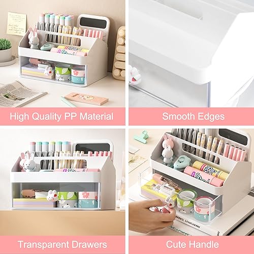 Miniatura 5 de SAYEEC Organizador de escritorio y accesorios con 6 compartimentos y 1 cajón, soporte para lápices con asa, organizador de almacenamiento de