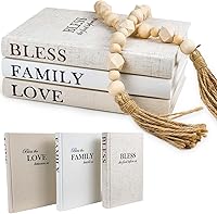 tinctor Linen Decor Books 3-Pack: Stacked Coffee Table Books, Shelf Mantel Decor with Bless Family Love Quotes & Wood Bead Garland