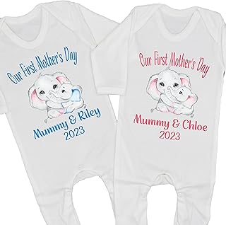 Personalised Our First 1st Mothers Day Baby Sleepsuit Grow 2023 Girls Boys Outfit Mother's Elephant