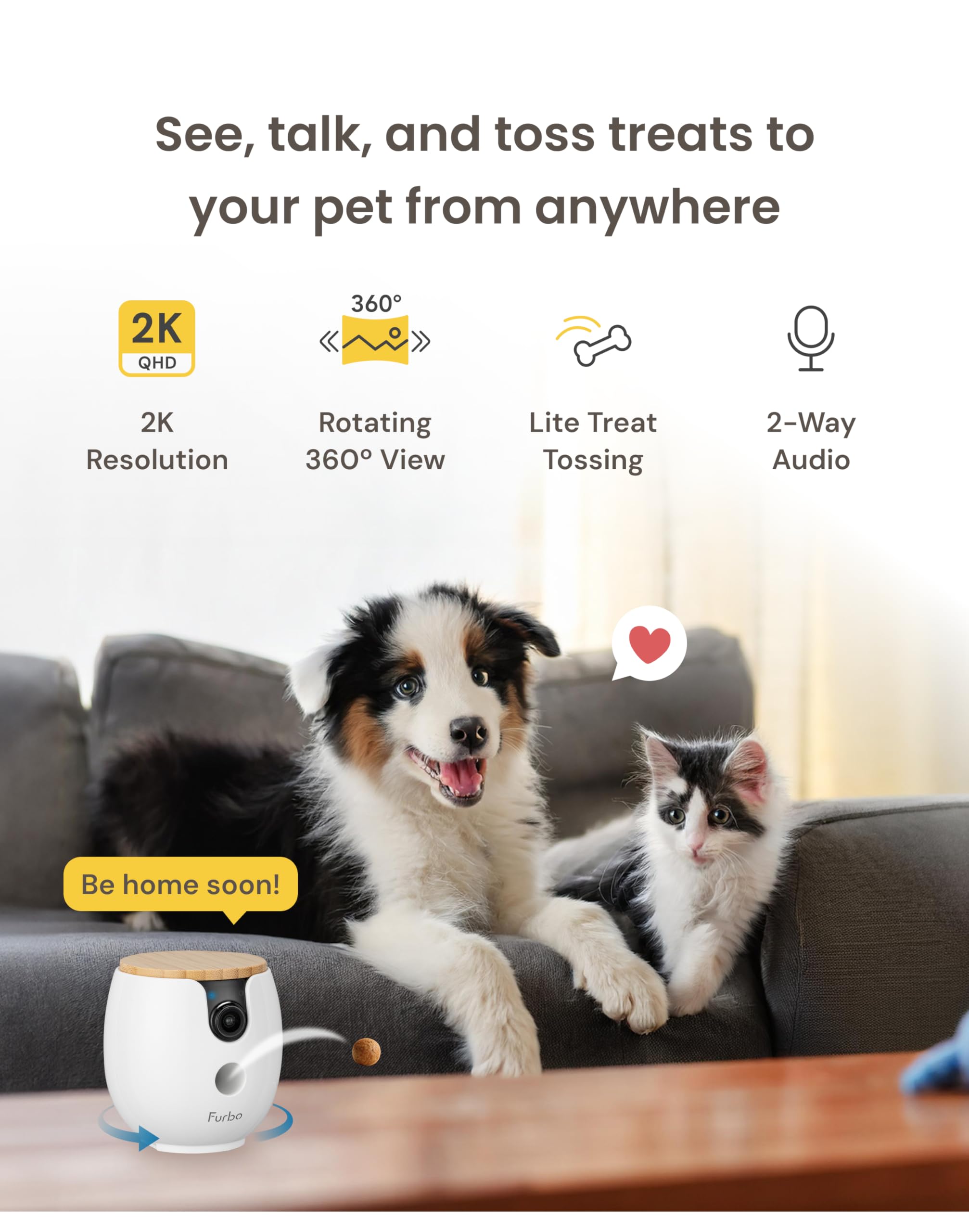Furbo Mini 360º New Pet Camera: Home Security Camera w/Barking/Meowing Alerts, Rotating Pet Treat Dispenser w/Phone App, Smart Indoor Cam with 2-Way Speaker & Night Vision (No Subscription Required)