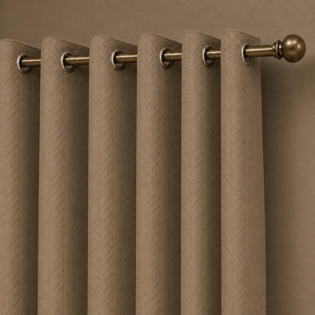 LINENWALAS 100% True Blackout Window Curtains 6 Feet Set of 2 |Embossed Herringbone Leaf Design|Room Darkening Curtain |Thermal Insulated Curtains for Living Room, Bedroom (129 x 183 cm, Light Brown)