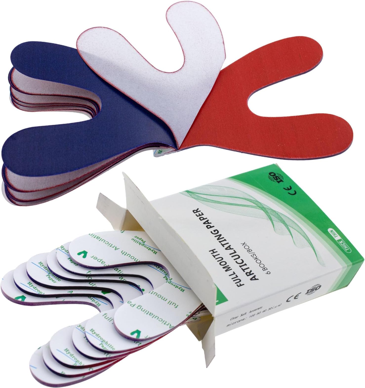 Omnia Dental Articulating Papers Horseshoe | 72 Sheets Horseshoe Shape Micron Bite Articulating Paper Doubled Side for Occlusal Adjustment - Thick Red/Blue
