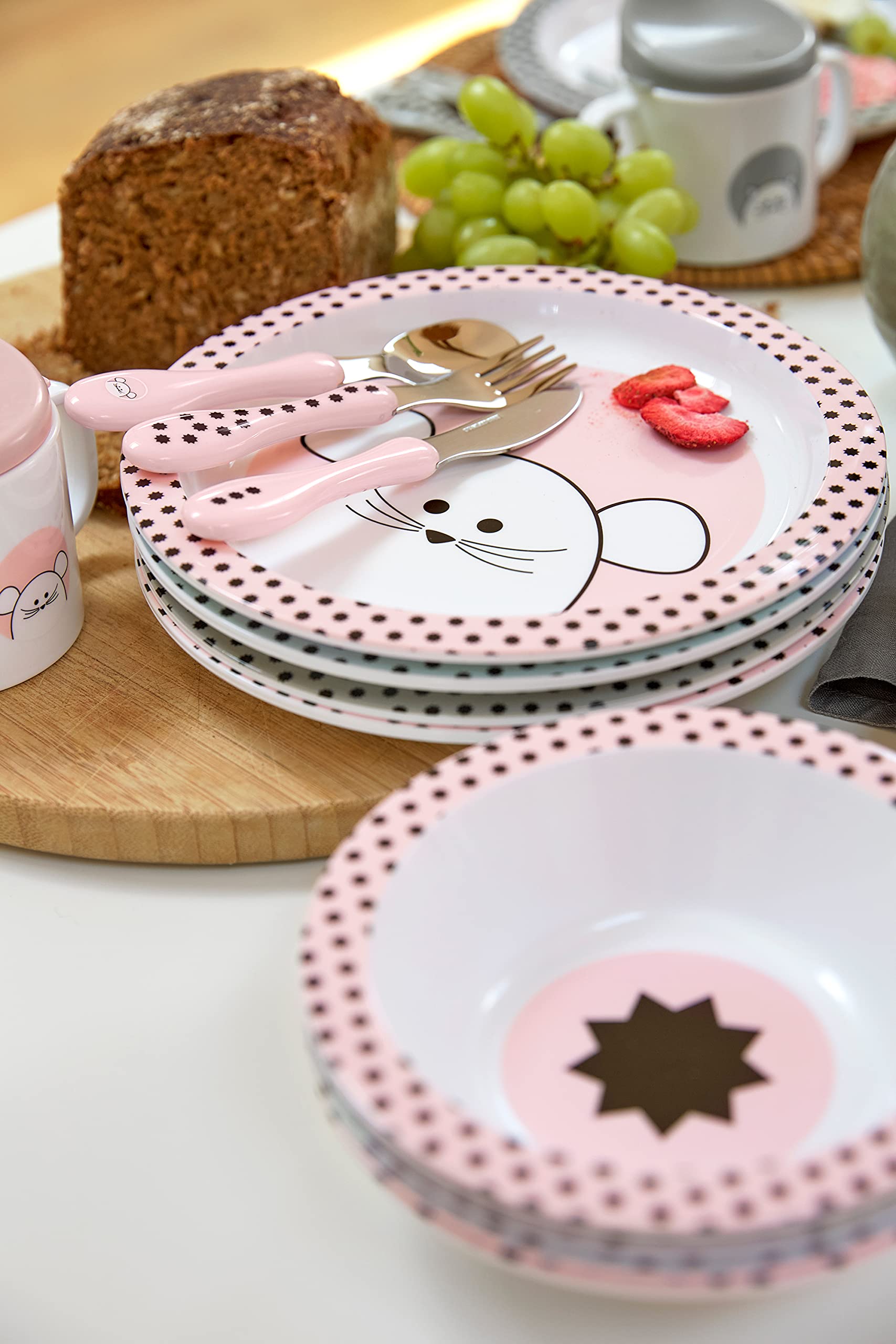 LÄSSIG Zestaw sztućców dla dzieci, 3-częściowy, łyżka, widelec, nóż, stal nierdzewna, uchwyt z tworzywa sztucznego, Cutlery Little Chums Mouse