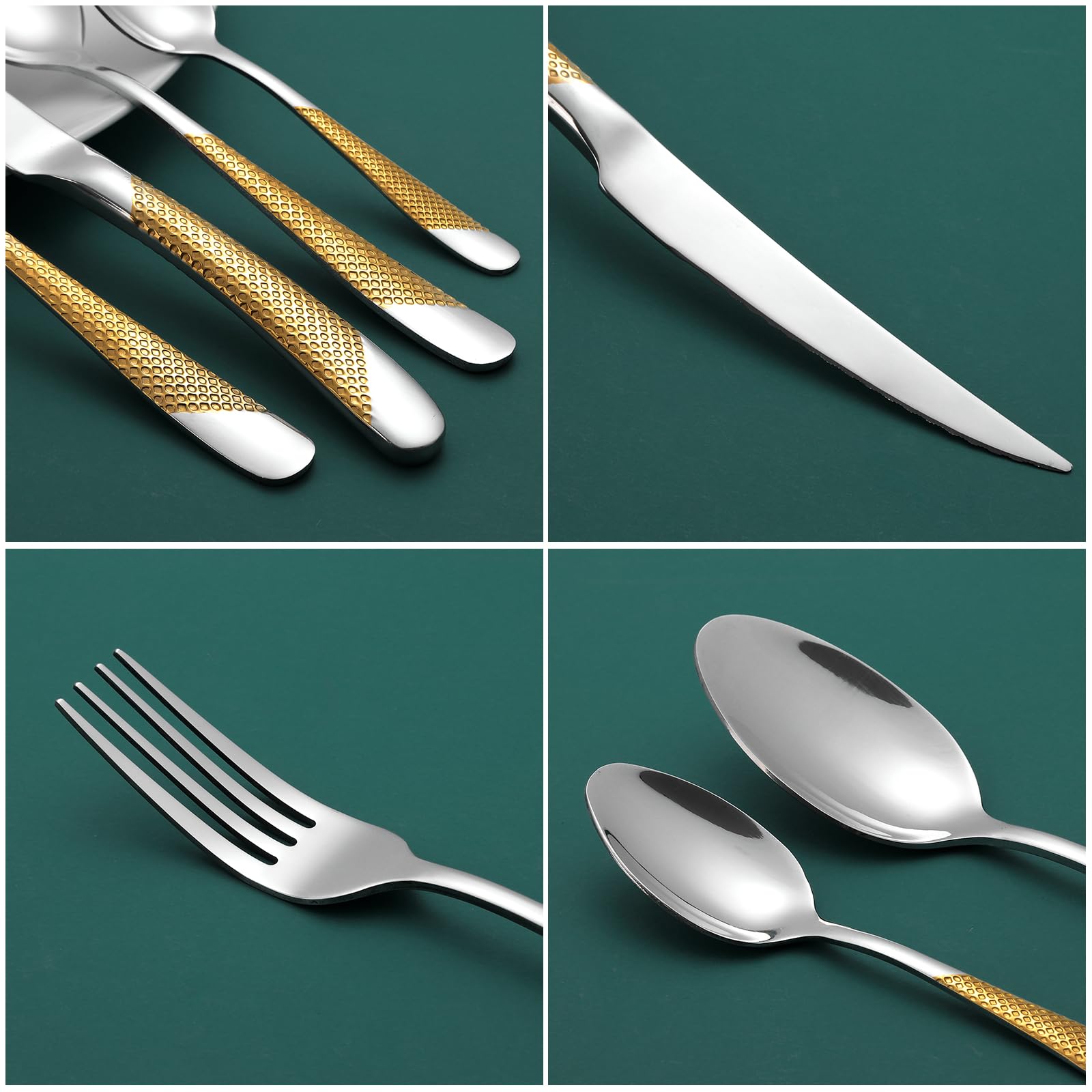 24-teiliges gehämmertes Besteckset, 18/10 Edelstahlbesteck, Besteckset für 6 Personen, Messer-Gabel-Löffel-Set(Gold Silber)