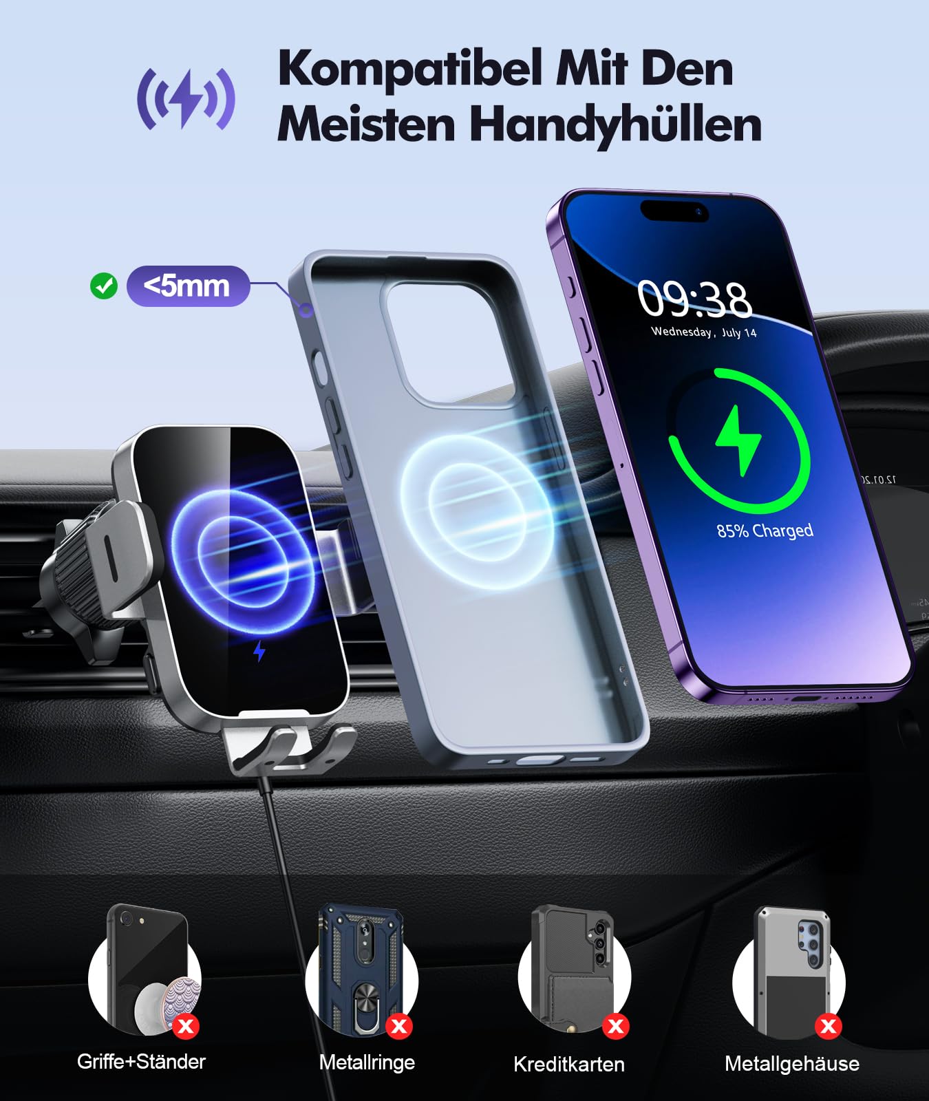 ISEYOU Handyhalterung Auto mit Ladefunktion, [360° Automatische Klemmung] 15W Wireless Charger Auto, Induktive Ladestation Auto Kfz Ladegerät Zubehör für 4,7"-6,9" Telefon, für iPhone 17 Samsung