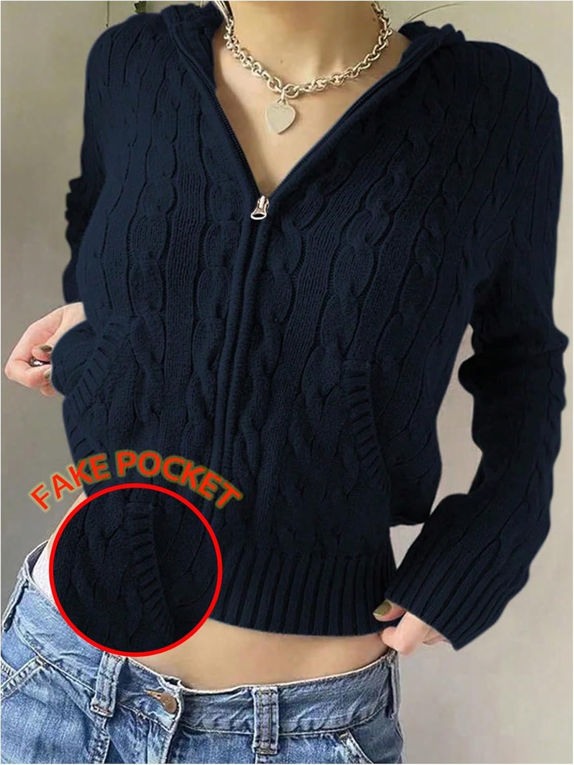 MakeMeChic Women's Cable Knit Cardigan Cropped Hooded Full Zip Long Sleeve Y2k Sweater Coat - Image 3