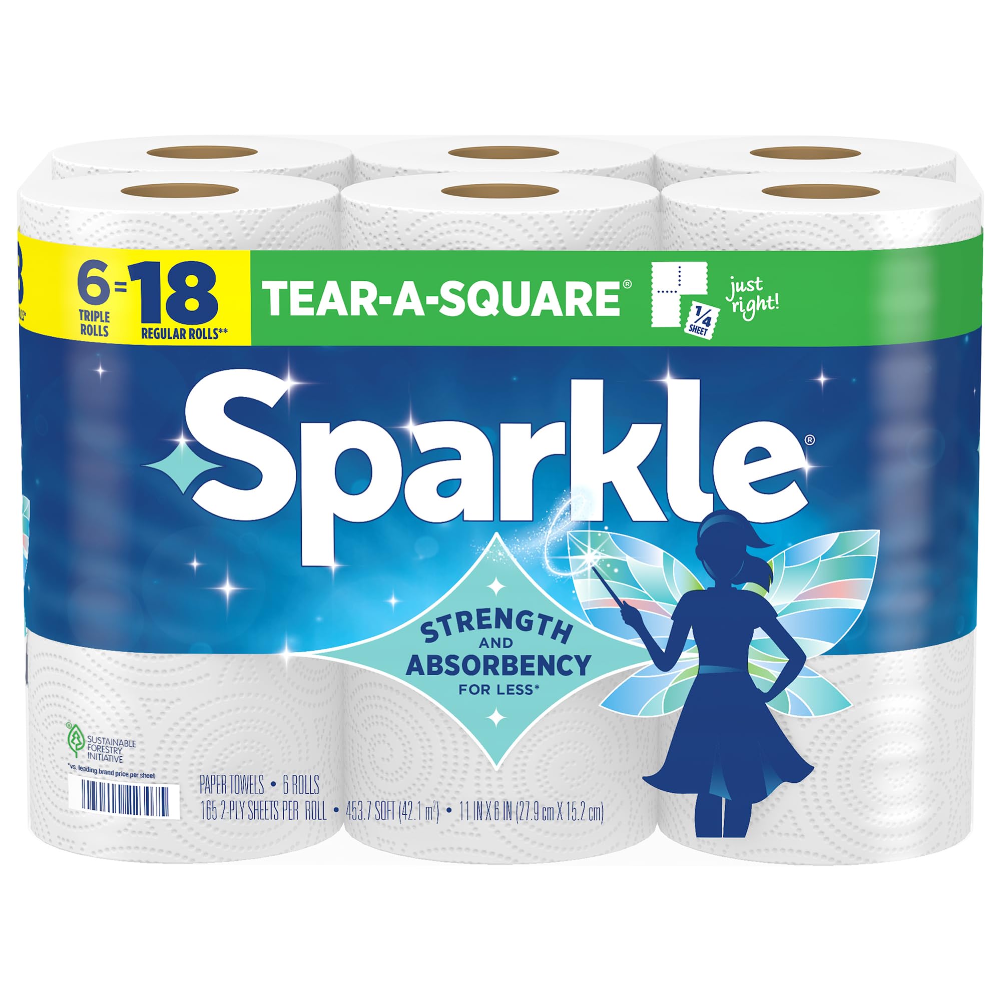 Sparkle Tear-A-Square Paper Towels, 6 Triple Rolls = 18 Regular Rolls | SFI Certified Sourcing - main product image