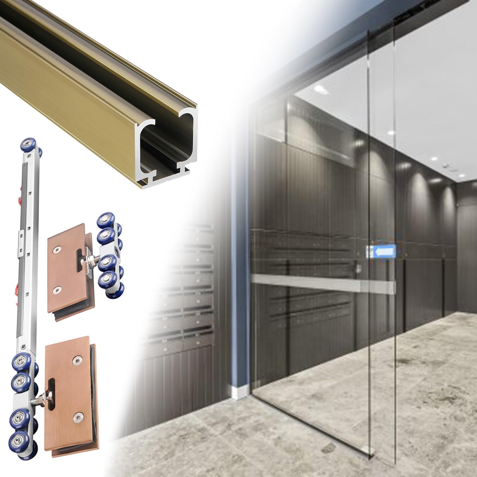 YDHSIKK Glass Sliding Door Track, Glass Pocket Door Track Soft Close Hardware Kit Multicolor Multiple Sizes(Champagne,3.2m/10.5ft)