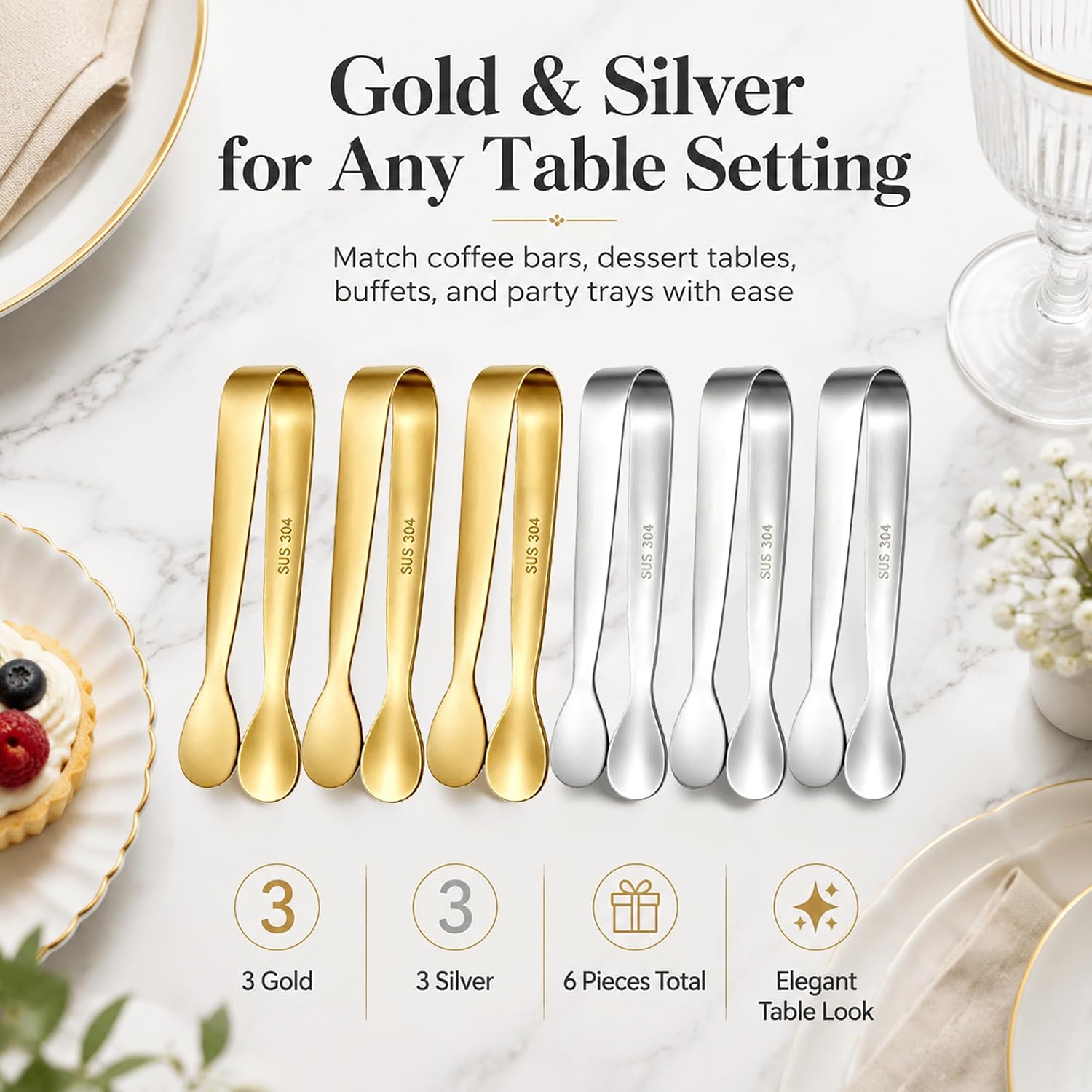 Mini Serving Tongs 6 Pcs, 4.25'' Stainless Steel Gold & Silver Small Tongs