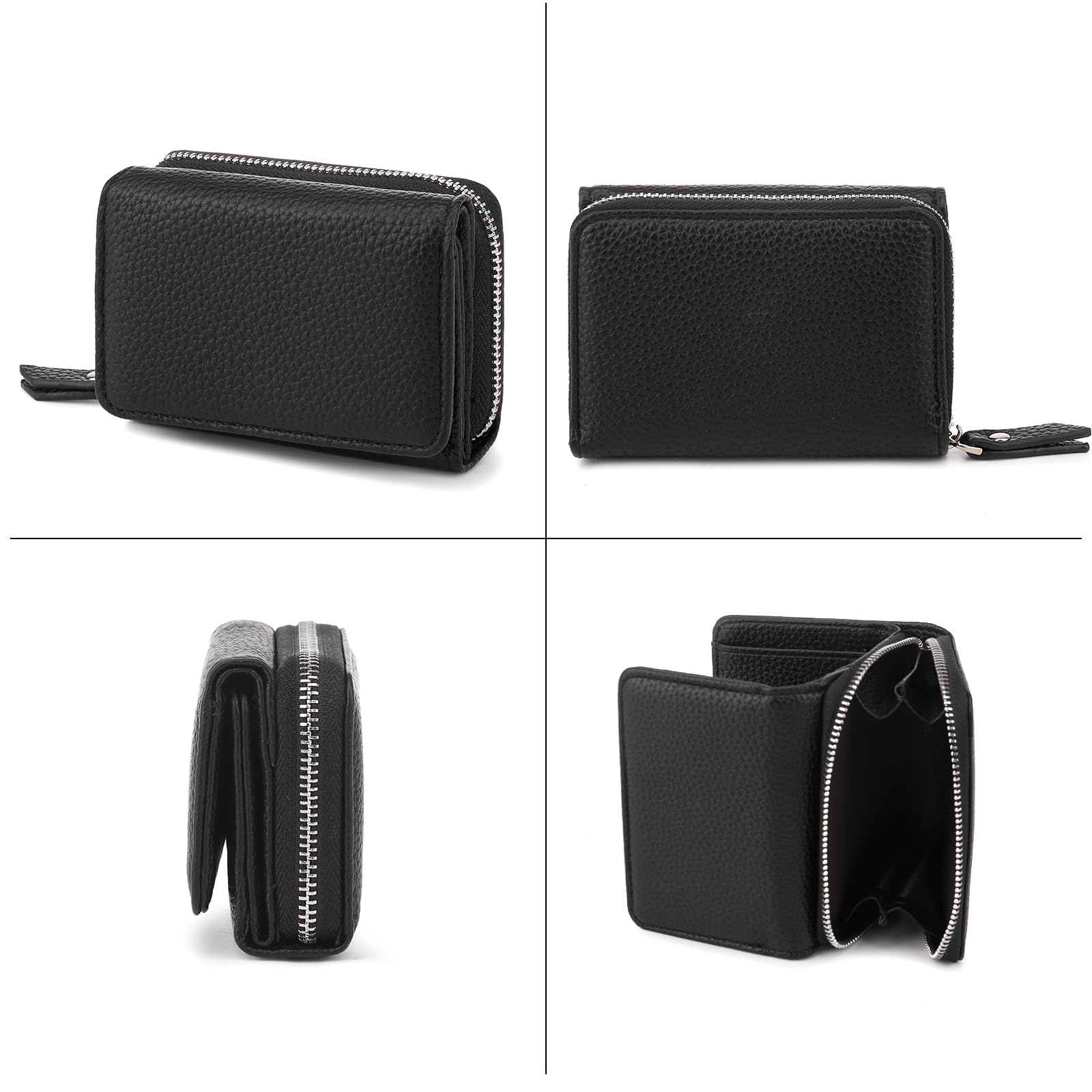 CHAOFANXI Portafoglio Donna Piccolo in Pelle da Donna, Portamonete Piccoli Trifold Piccola Corto Portamonete con 6 Scomparti per Carte con 1 Sezione di Fattura e 1 Tasca con Cerniera, Nero