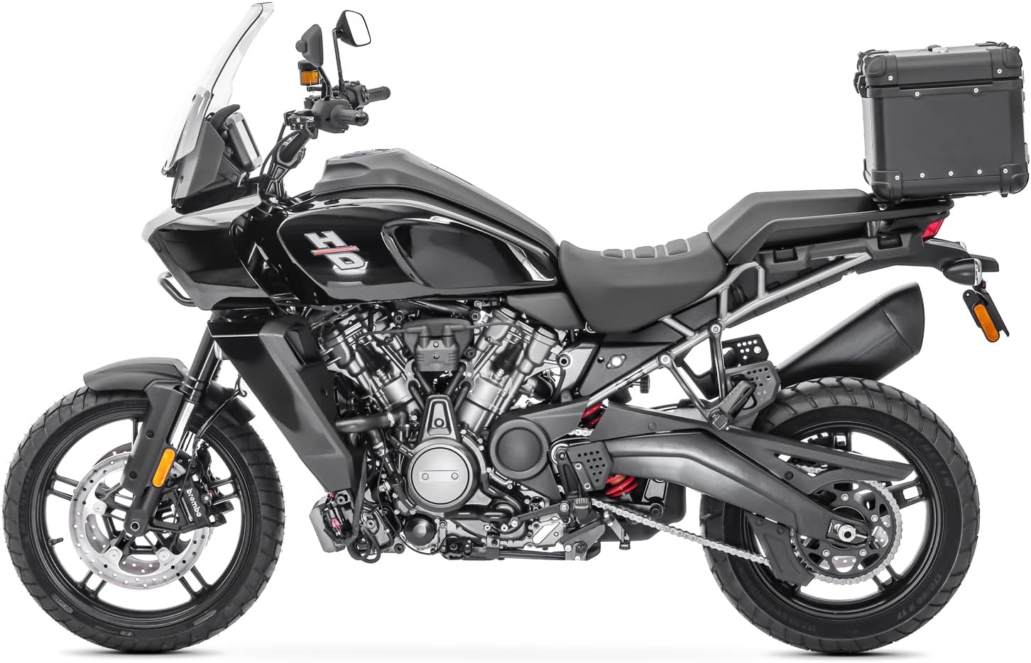 Costat complet view of a motorcycle with the Bagtecs XS45 Top Box installed on the rear rack.