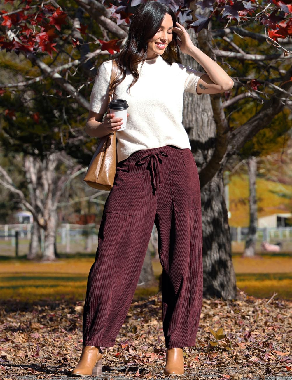 TARSE Women’s Corduroy Pants Baggy Wide Leg Pants Casual Elastic Waisted Palazzo Harem Pants with Pockets - Image 3