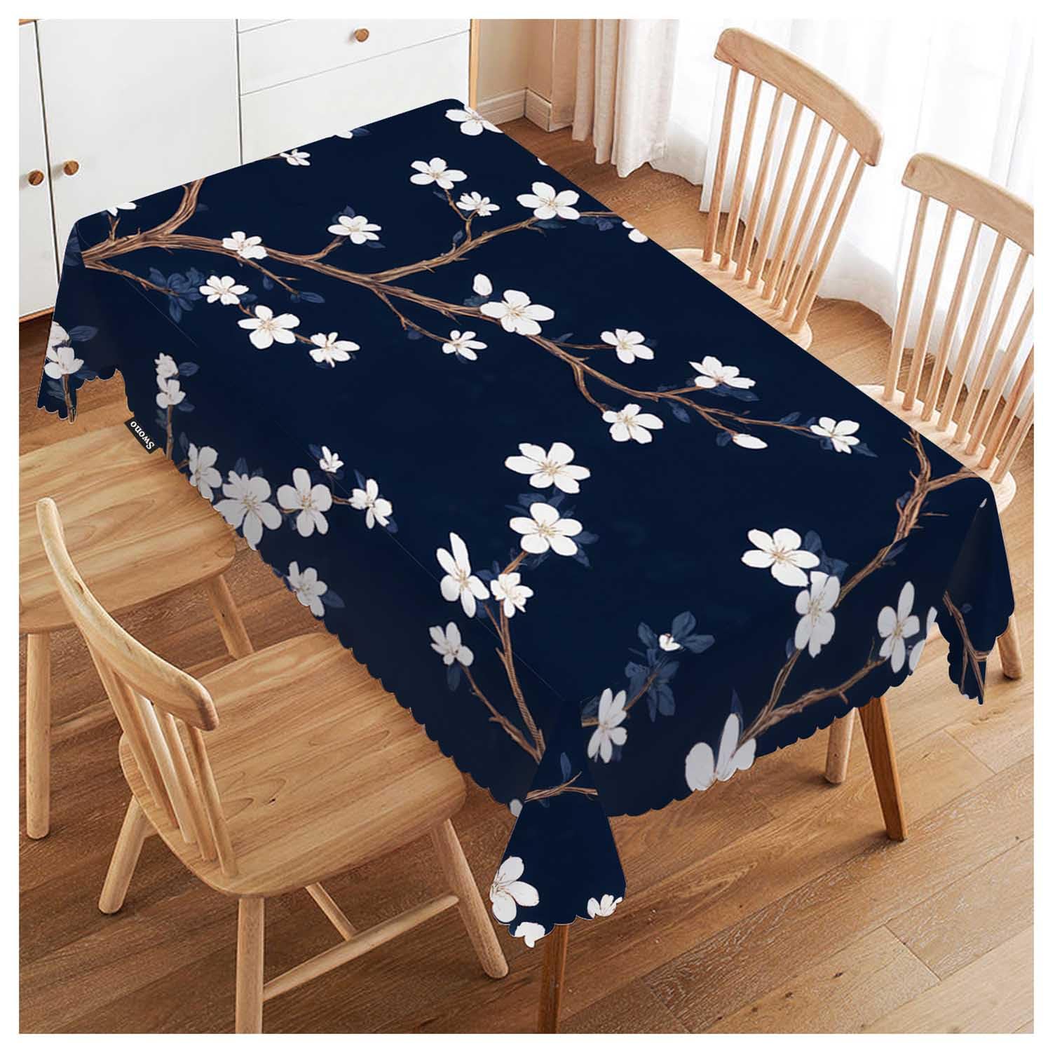 Nappe de table rectangulaire bleu marine fleurs de cerisier 137x183cm