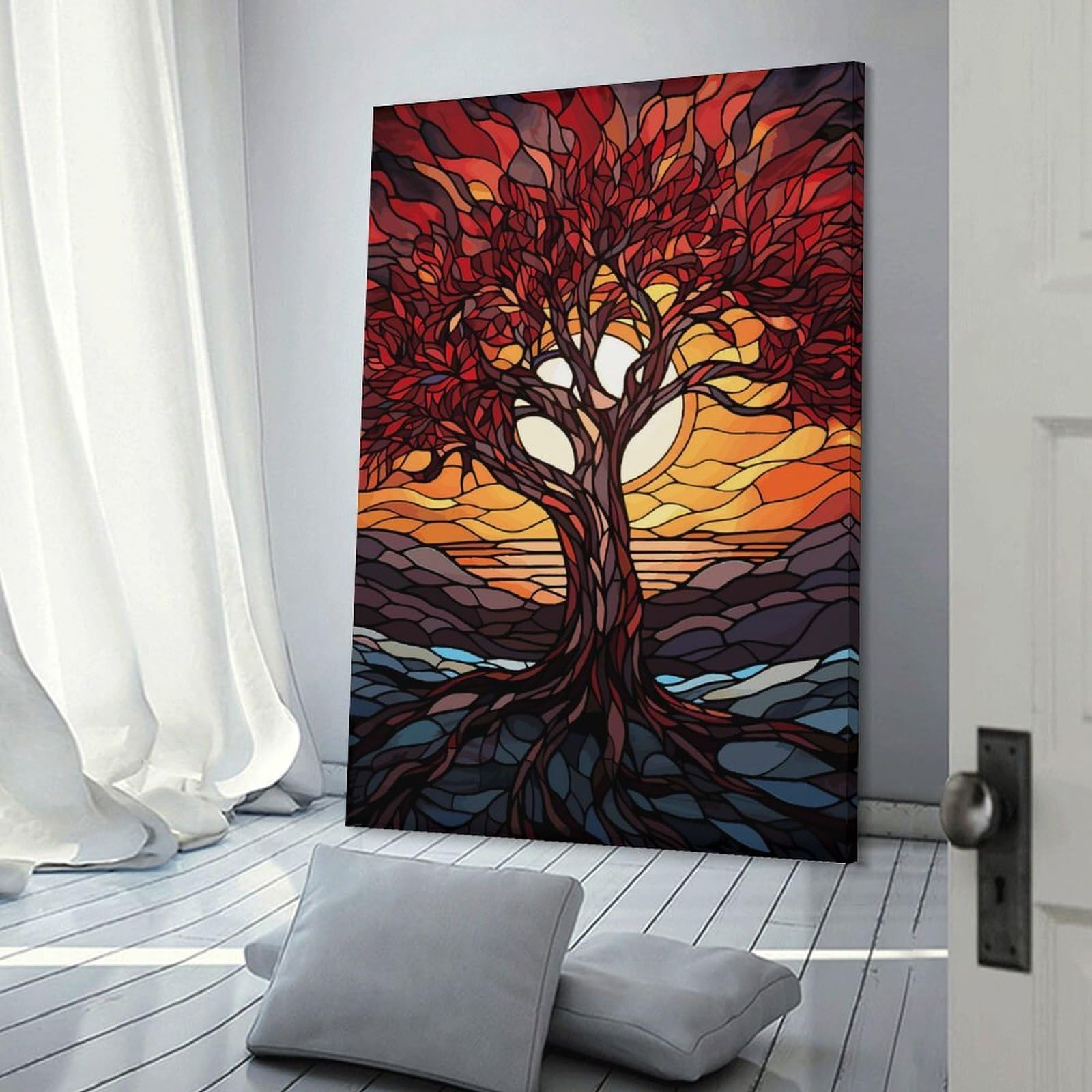 Junmoney Frame-Style-5-1 Wall Picture Print Tree Of Life Stained Glass, 20X30inch(50X75cm), For Living Room, Lounge Or Sitting Room, Modern Wall Decor For Cosy Interiors