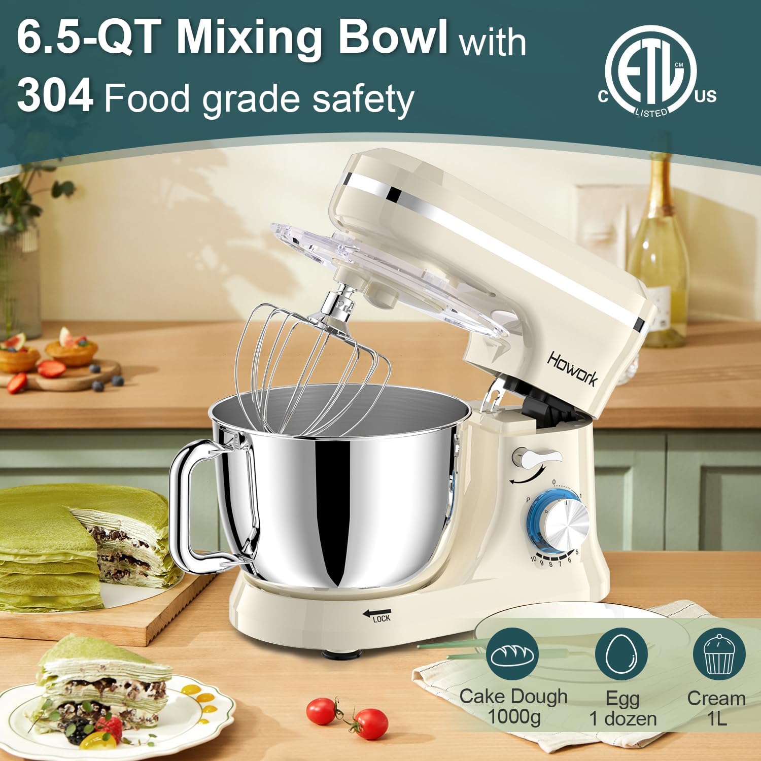 howork electric stand mixer,10+p speeds kitchen mixer with 6.5qt stainless steel bowl,dough hook, wire whip & beater,for most home cooks white